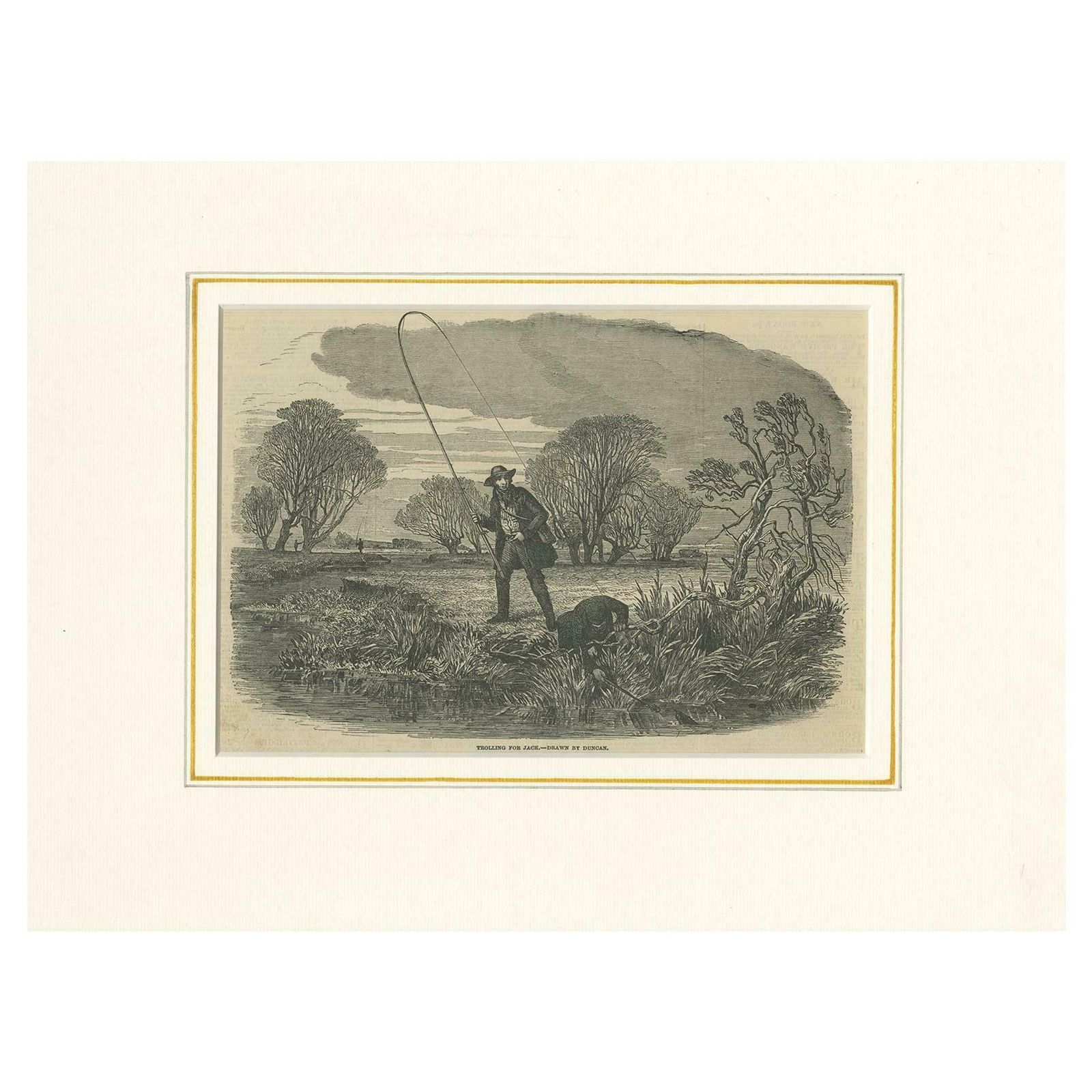 Antique Fishing Print Illustrating Trolling For Jack 'C.1850'