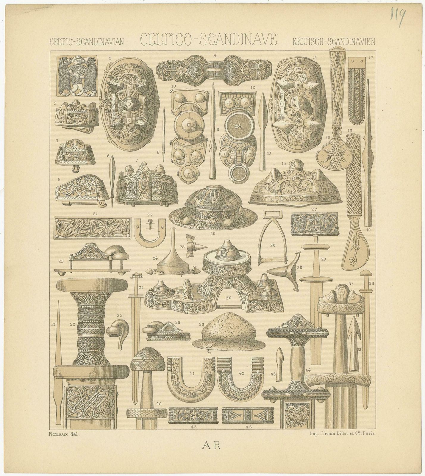 Pl. 119 Antique Print Of Celtic Scandinavian Objects Of Racinet, 'Circa 1880' photo for sale
