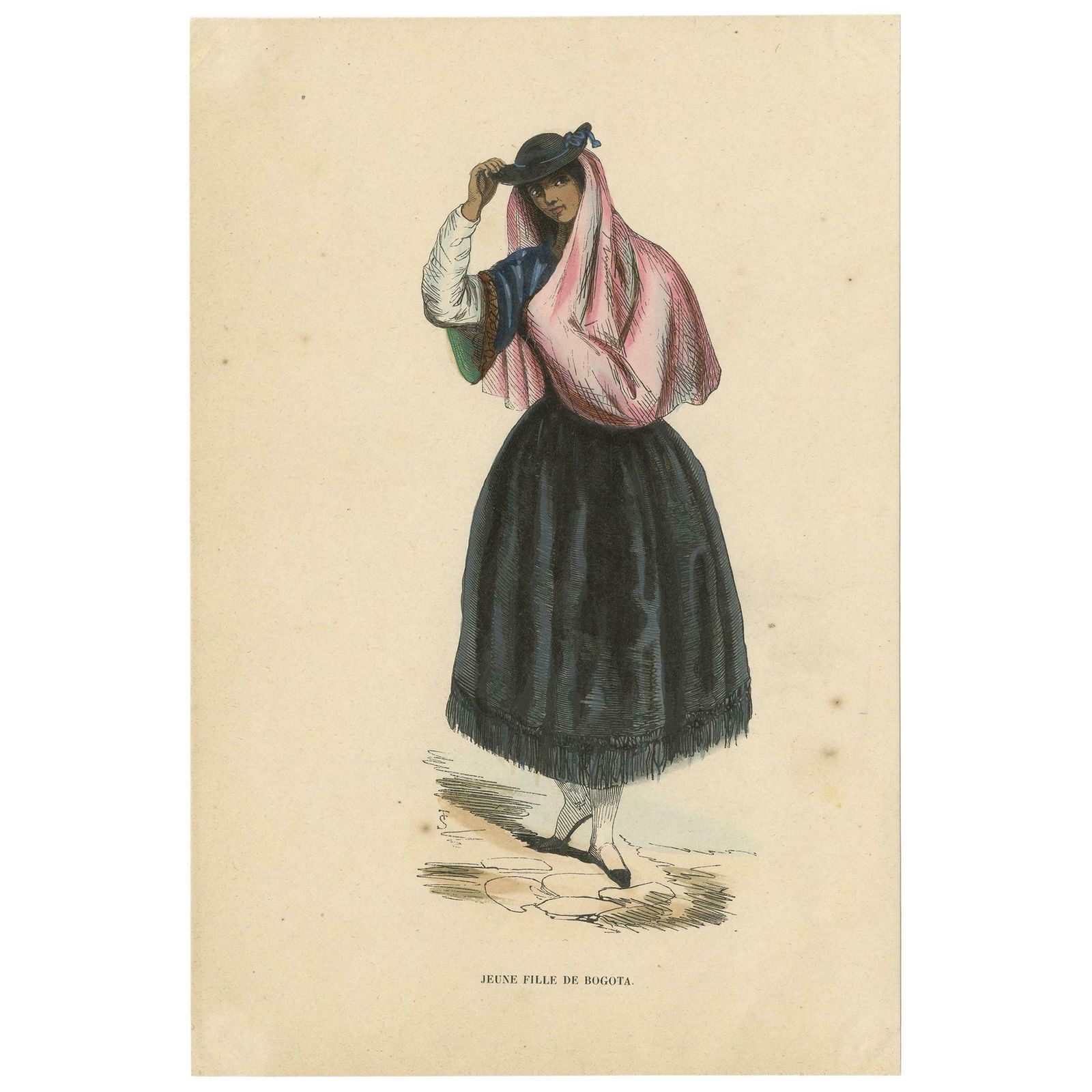 Antique Costume Print Of A Young Lady In Bogotá By Wahlen, 1843