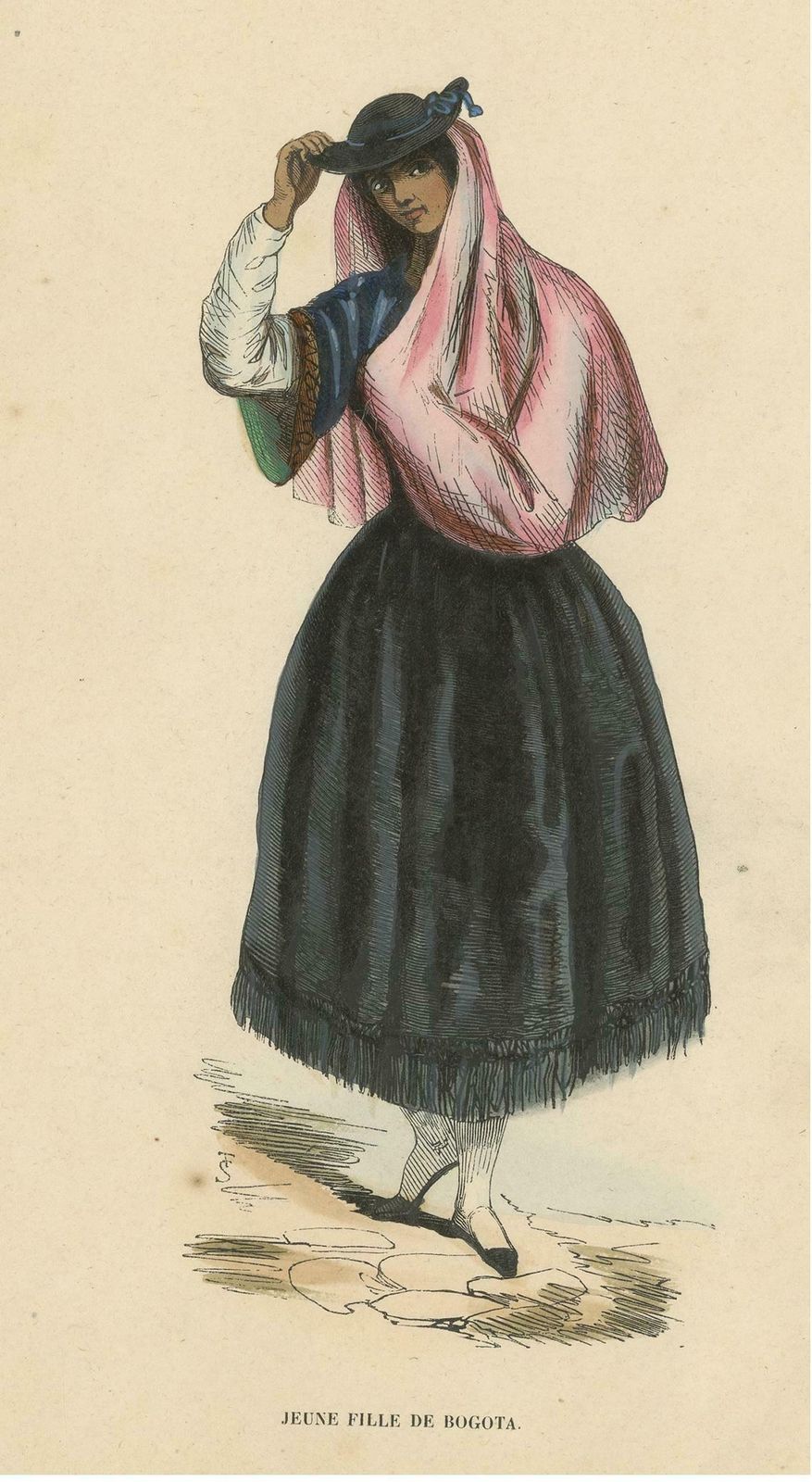 Antique Costume Print Of A Young Lady In Bogotá By Wahlen, 1843 photo furniture