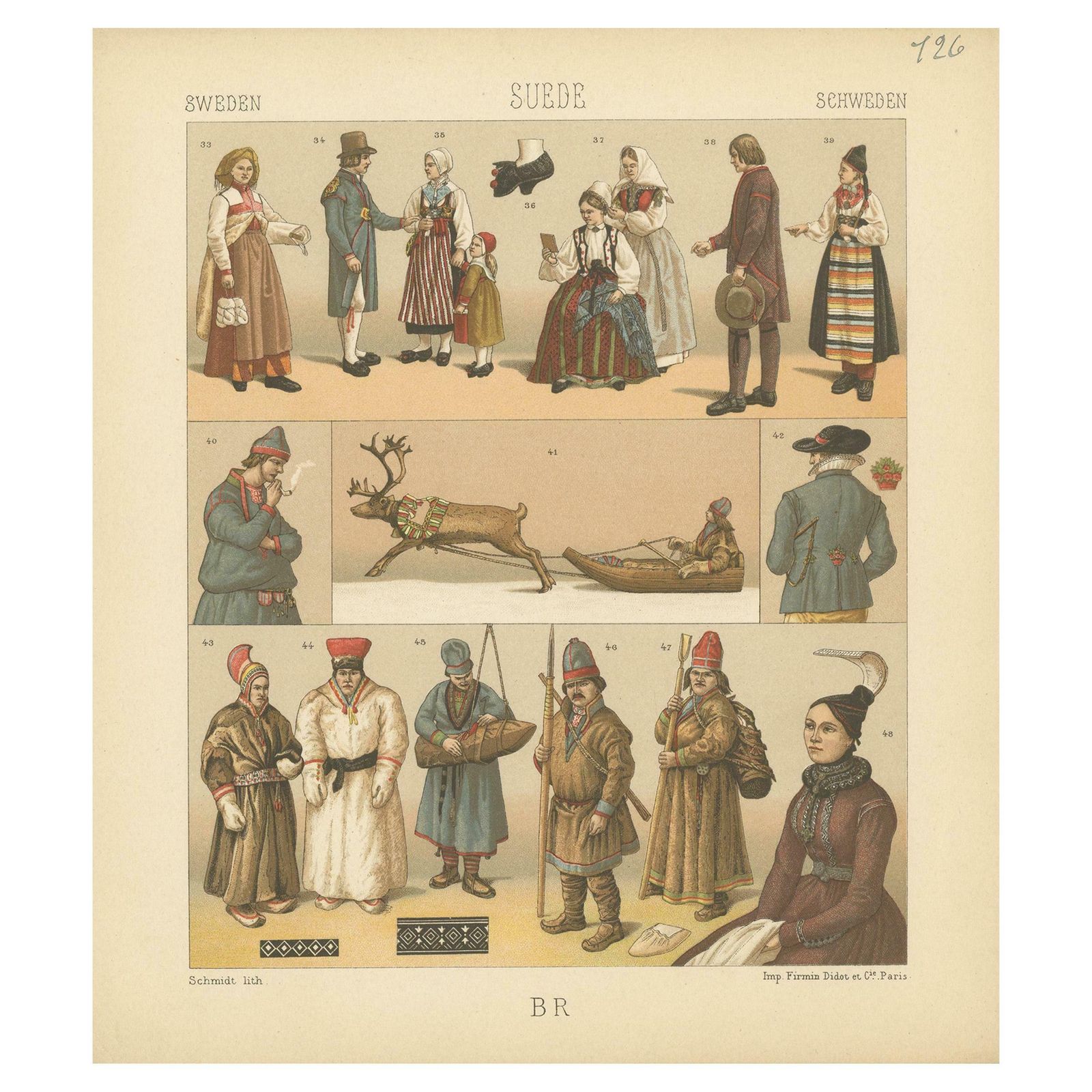 Pl. 126 Antique Print Of Swedish Costumes Of Racinet, 'Circa 1880'