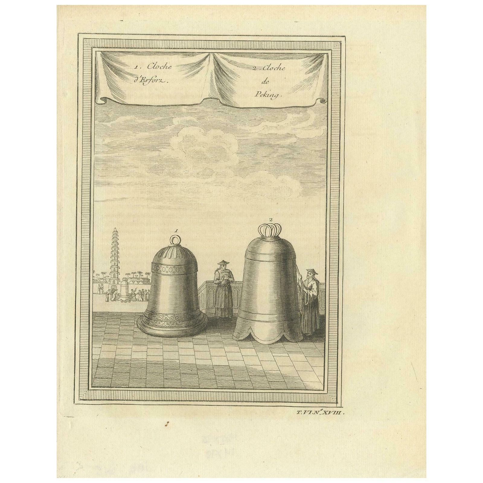 Antique Print Of Two Chinese Bells By Prévost '1748'