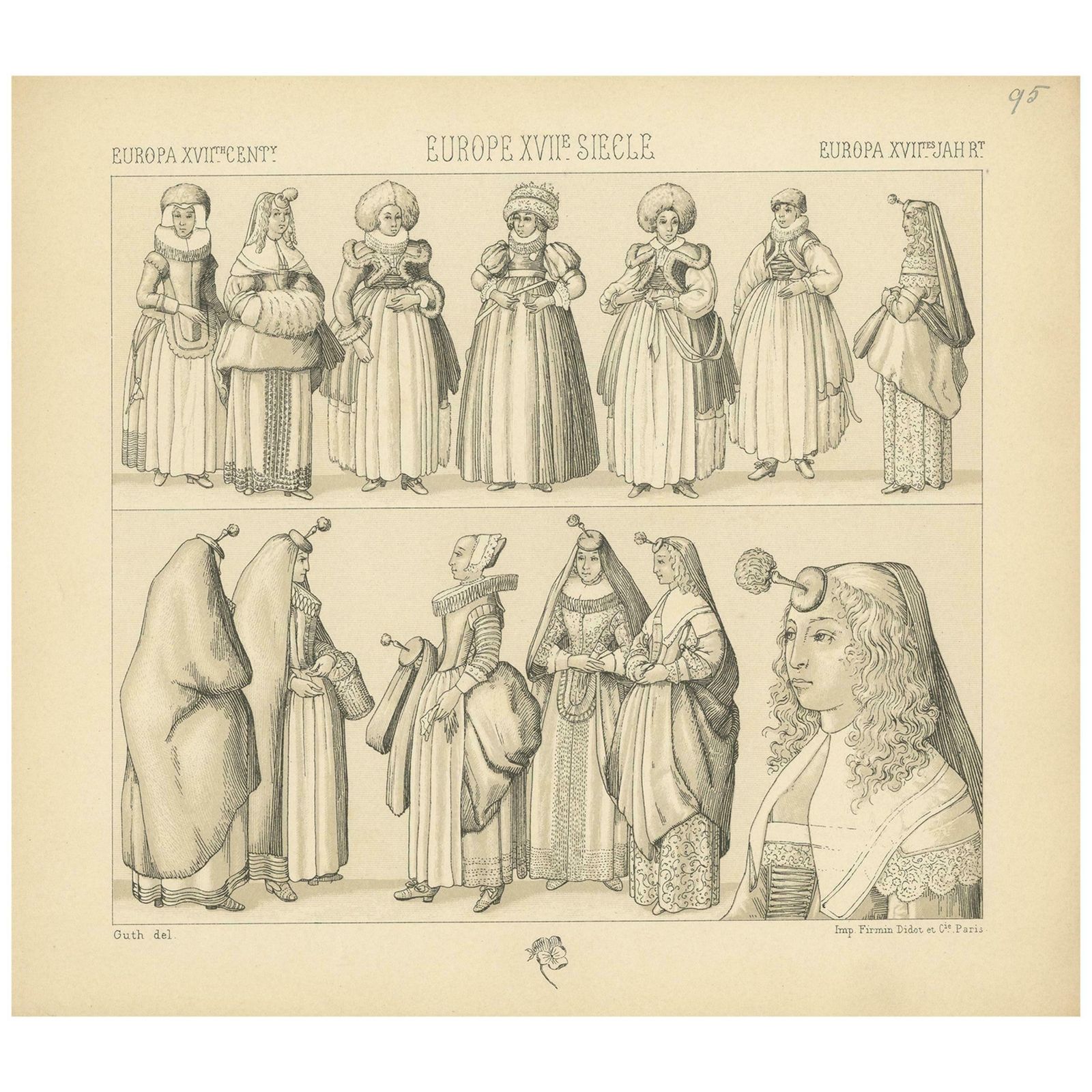 Pl. 95 Antique Print Of European Xviith Century Costumes By Racinet, Circa 1880