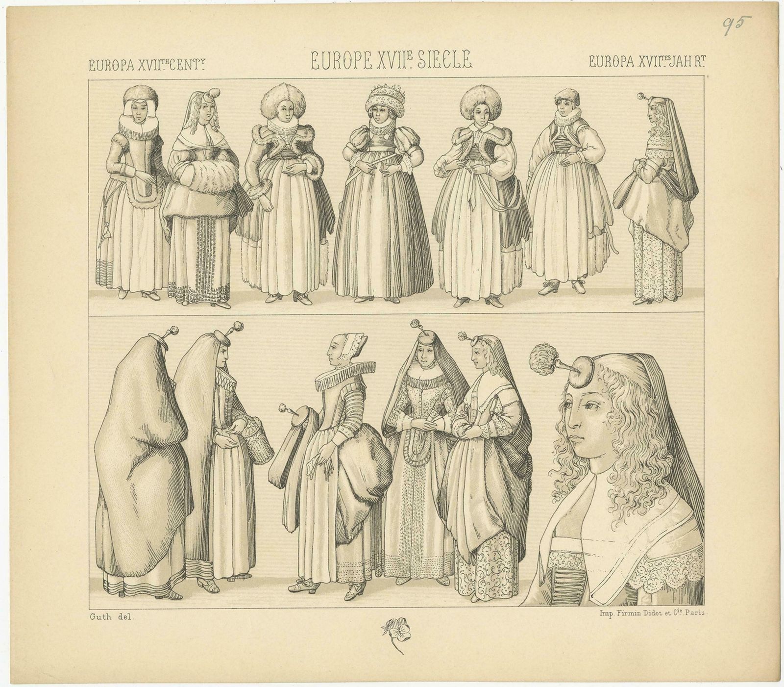 Pl. 95 Antique Print Of European Xviith Century Costumes By Racinet, Circa 1880 photo Art