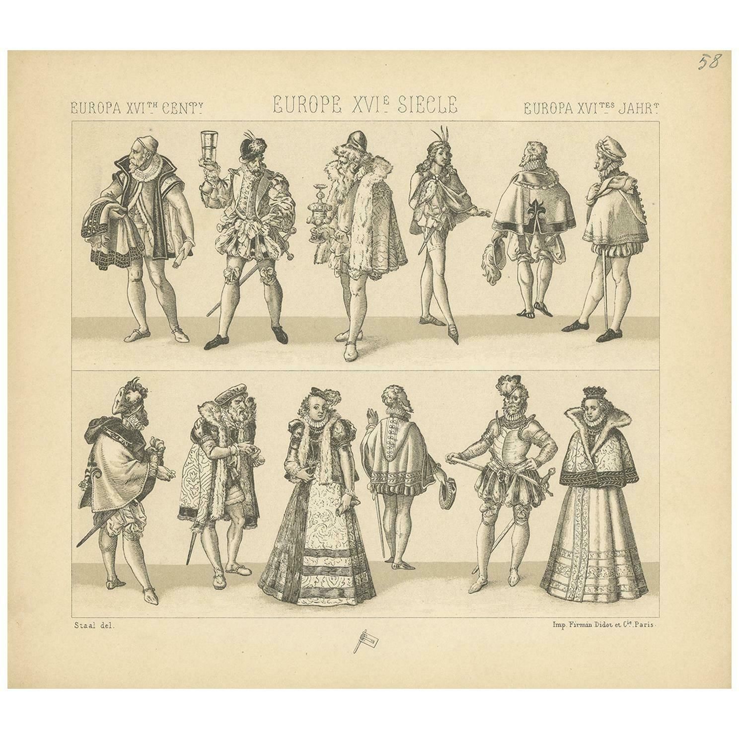 Pl. 58 Antique Print Of European 16th Century Costumes By Racinet