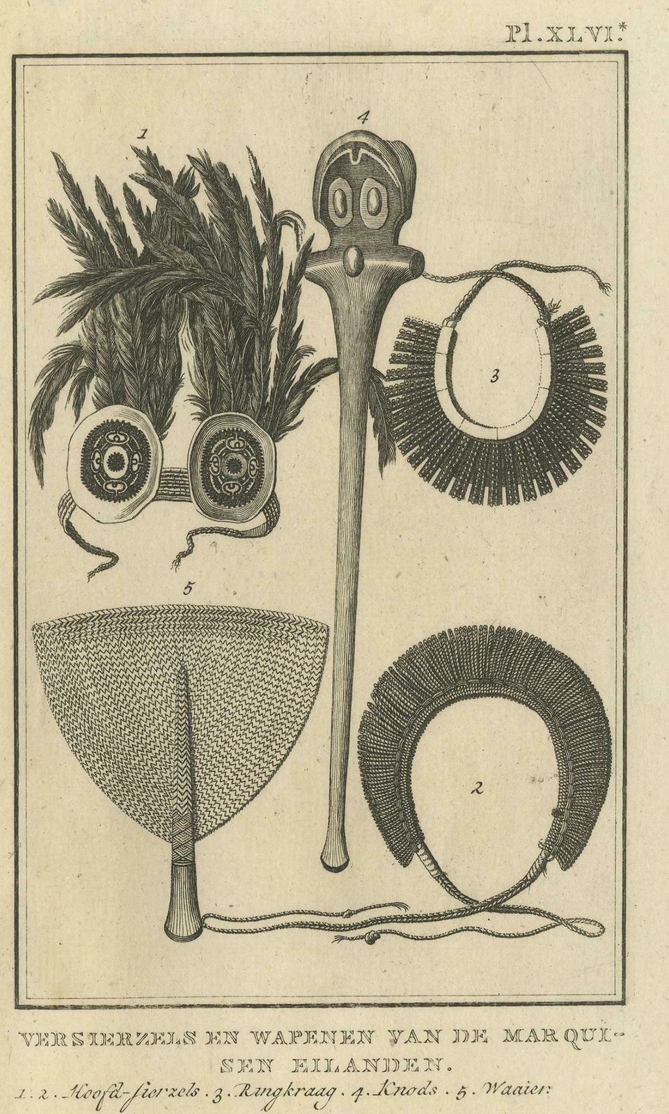Antique Print Depicting Weapon Decorations Of The Marquesas By Cook '1803' photo for sale