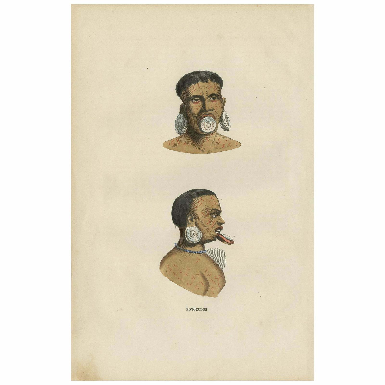 Antique Print Of The Indigenous Botocudos Of Brazil By H. Berghaus, 1855