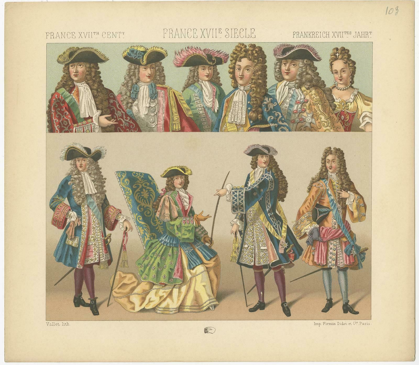 Pl. 103 Antique Print Of French 17th Century Costumes By Racinet, Circa 1880 photo furniture