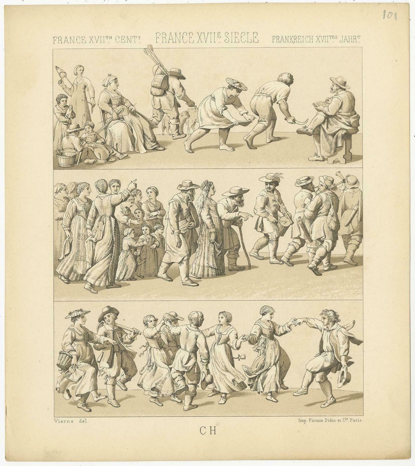 Pl. 101 Antique Print Of French 17th Century Scenes By Racinet, Circa 1880 photo for sale