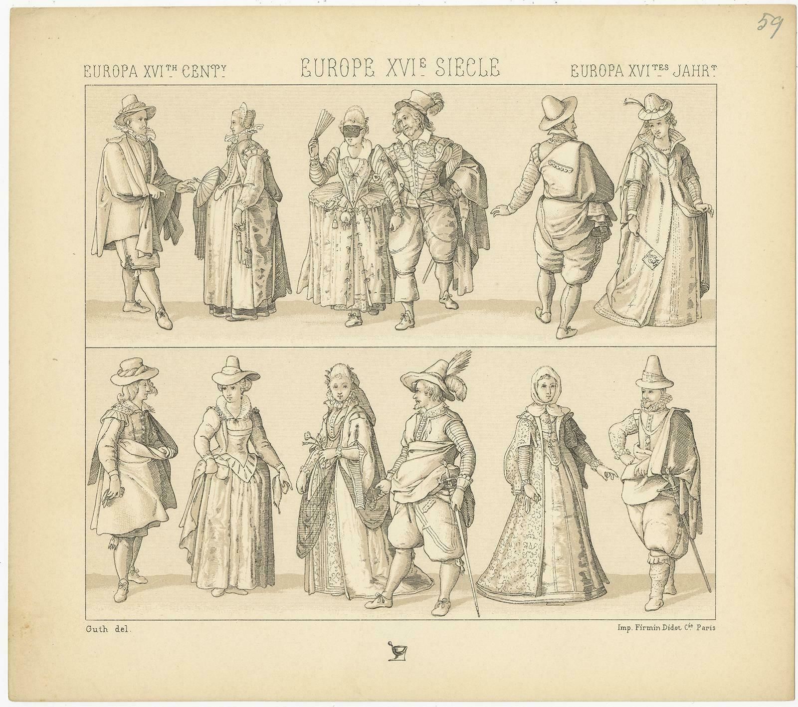 Pl. 59 Antique Print Of European Xvith Century Costumes By Racinet photo for sale