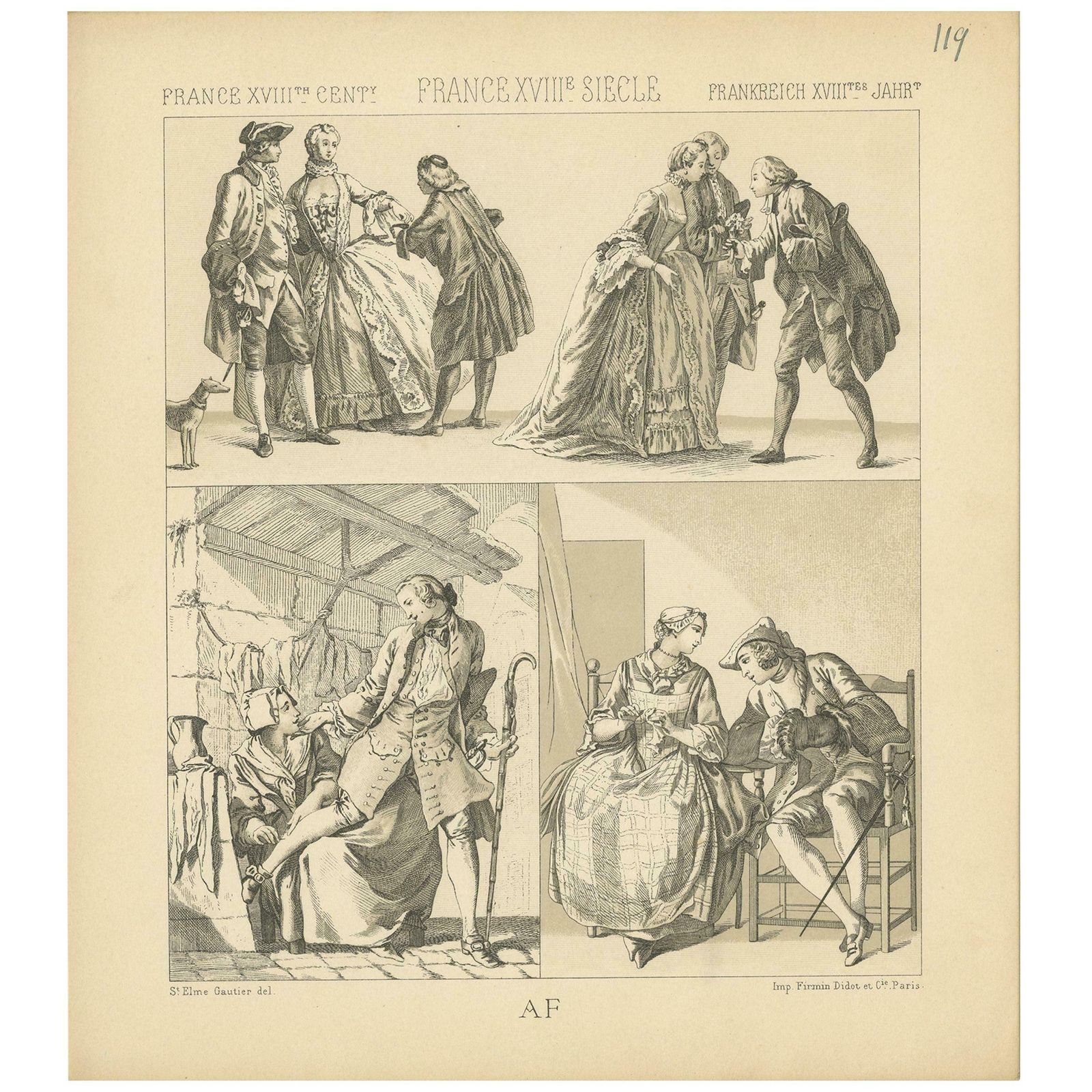 Pl. 119 Antique Print Of French 18th Century Costumes By Racinet, 'Circa 1880'