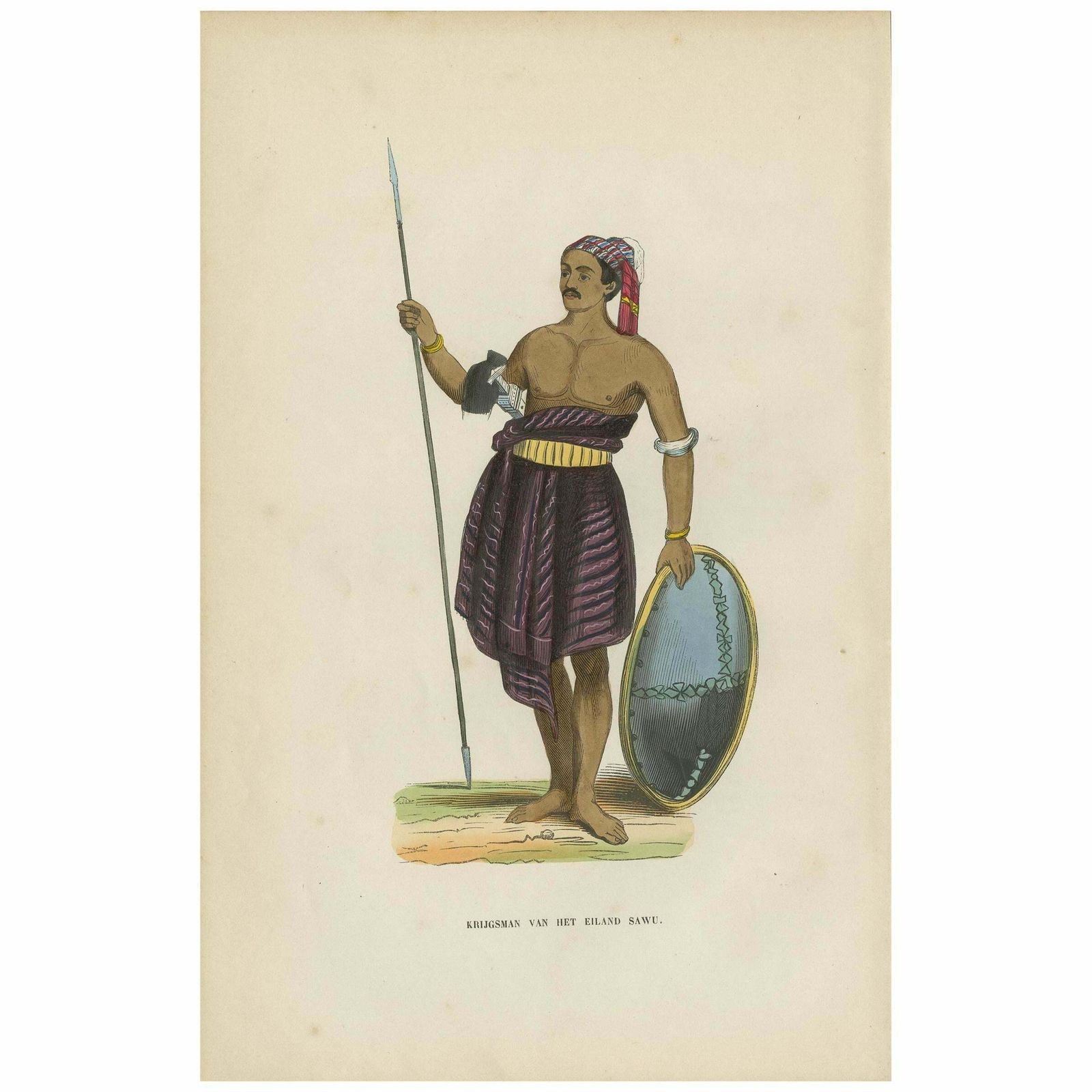 Antique Print Of A Warrior Of Savu Island Indonesia By H. Berghaus, 1855