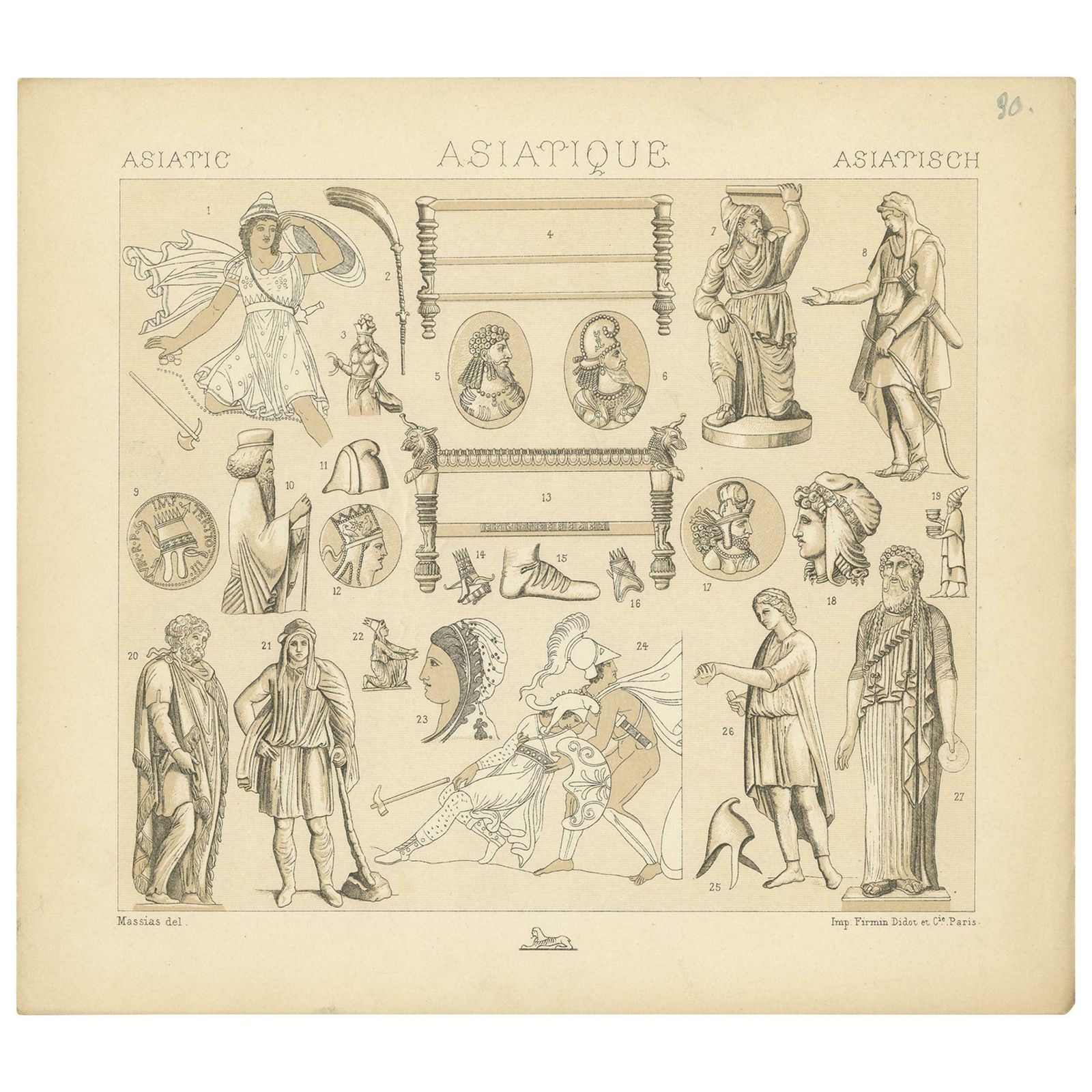Pl. 30 Antique Print Of Asiatic Decorative Objects By Racinet, 'Circa 1880'