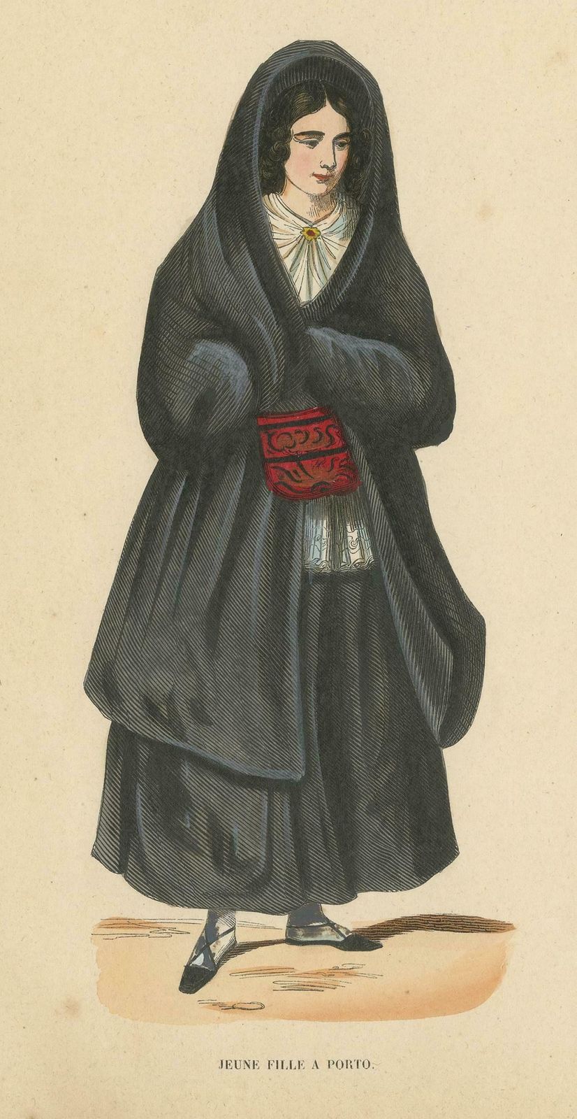 Antique Costume Print Of A Young Lady In Porto By Wahlen, 1843 photo for sale