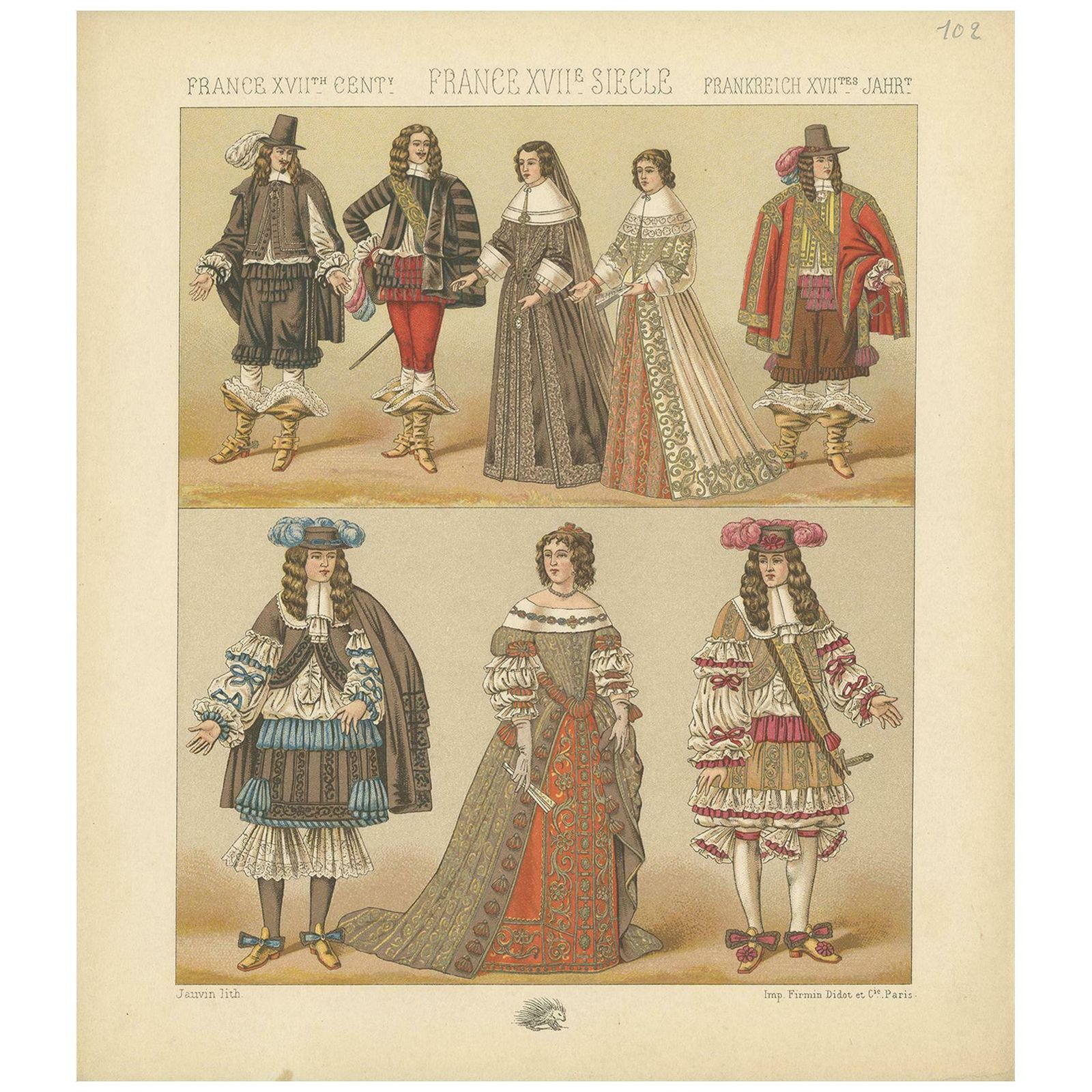 Pl. 102 Antique Print Of French 17th Century Costumes By Racinet, Circa 1880
