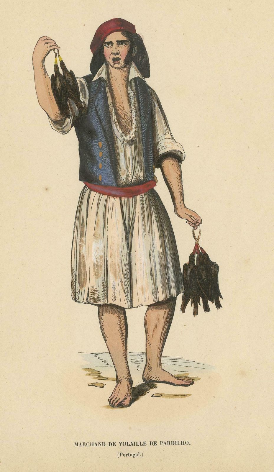 Antique Costume Print Of A Poultry Merchant From Portugal By Wahlen, 1843 photo for sale