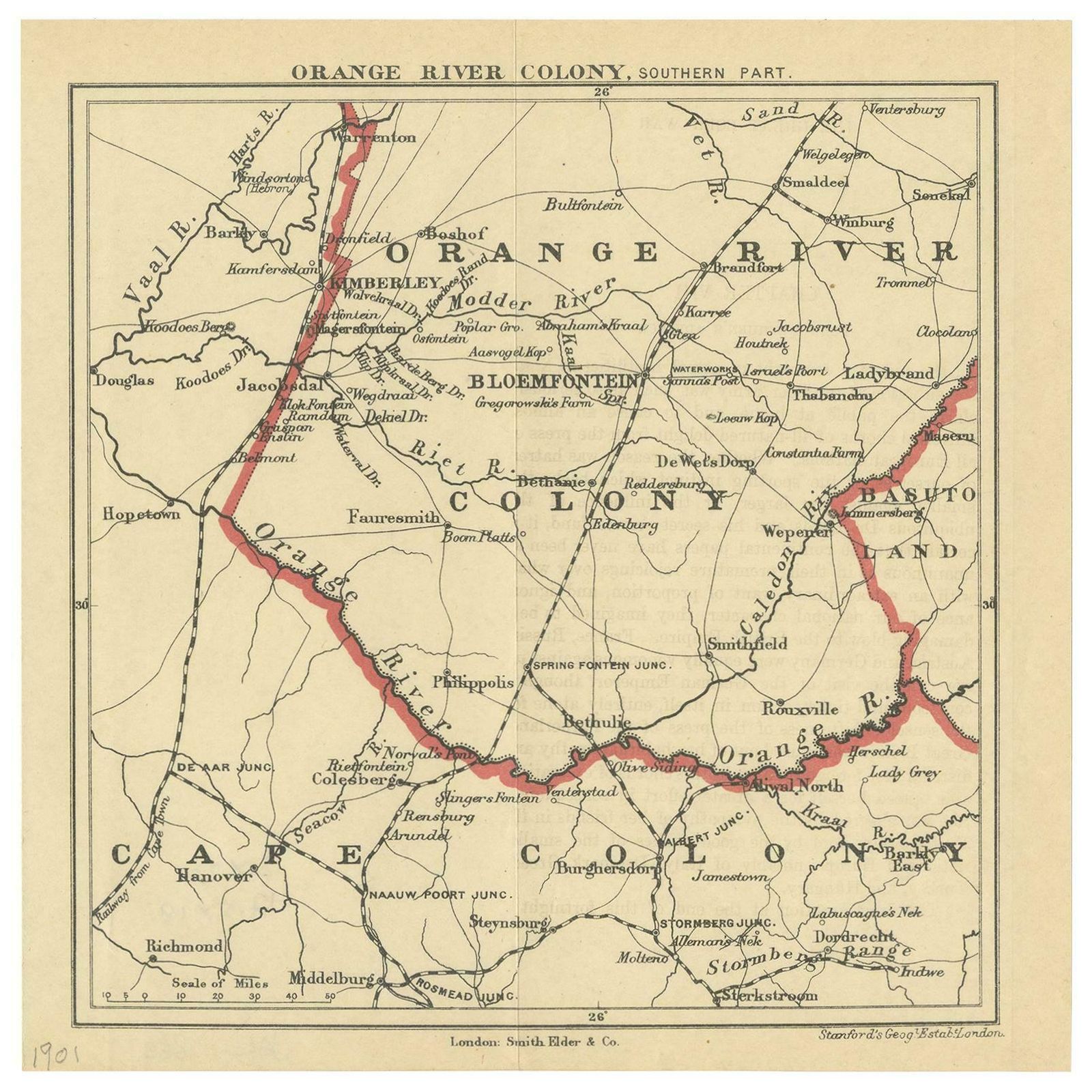 Antique Map Of The Southern Part Of The Orange River Colony By Stanford, 1901