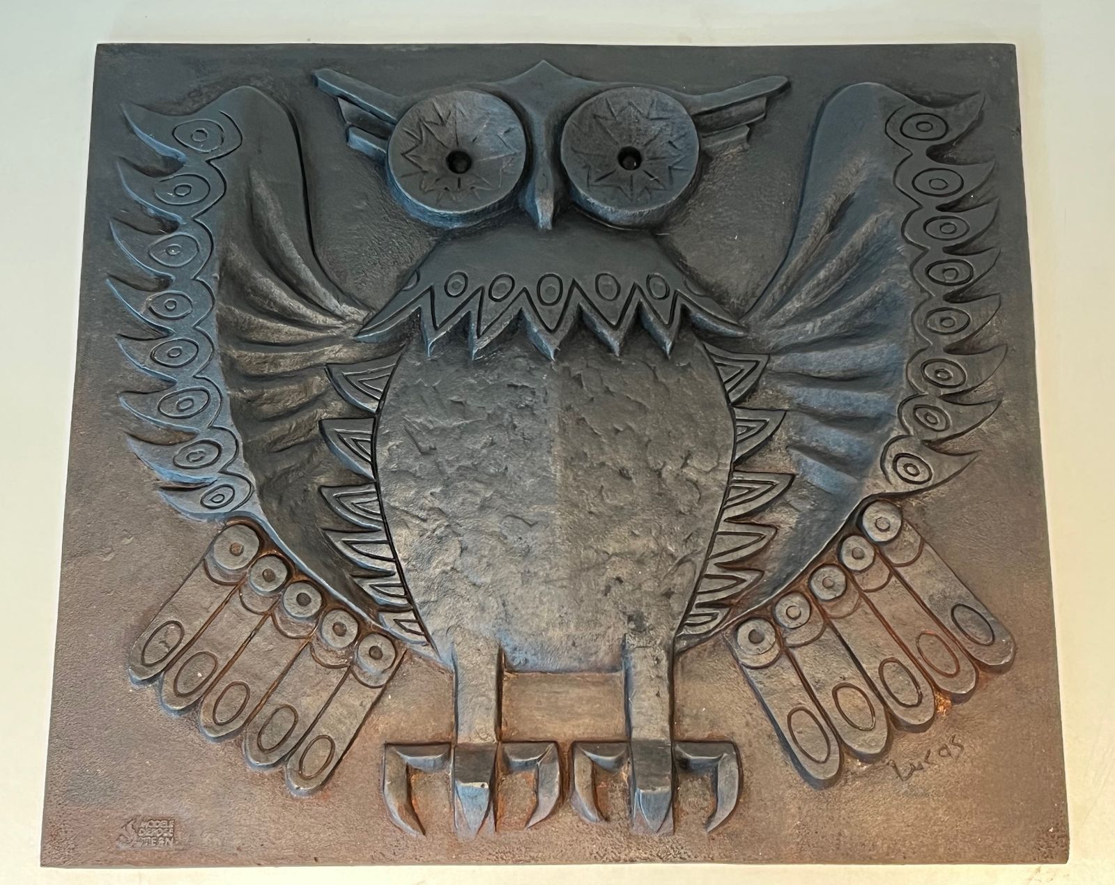 Modernist Cast Iron Fireplace Plate. Owl Model