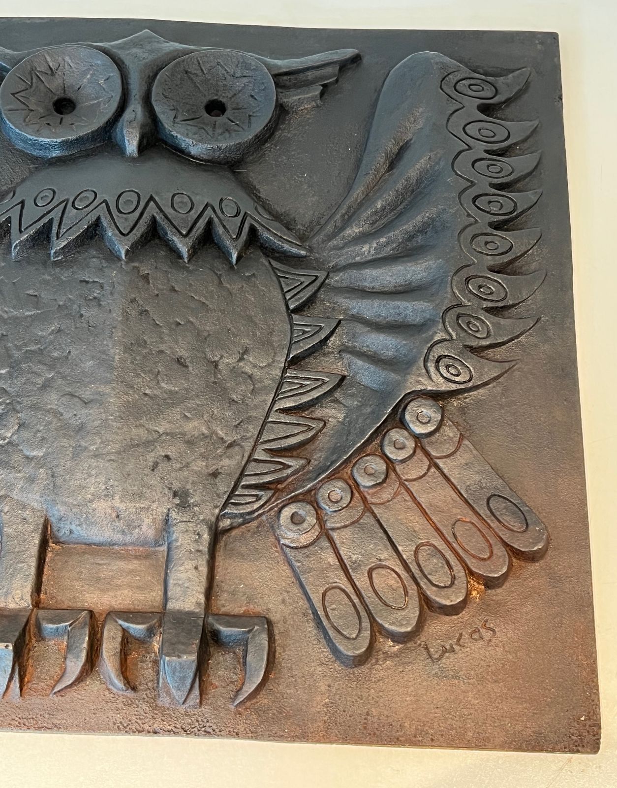 photo for sale Modernist Cast Iron Fireplace Plate. Owl Model