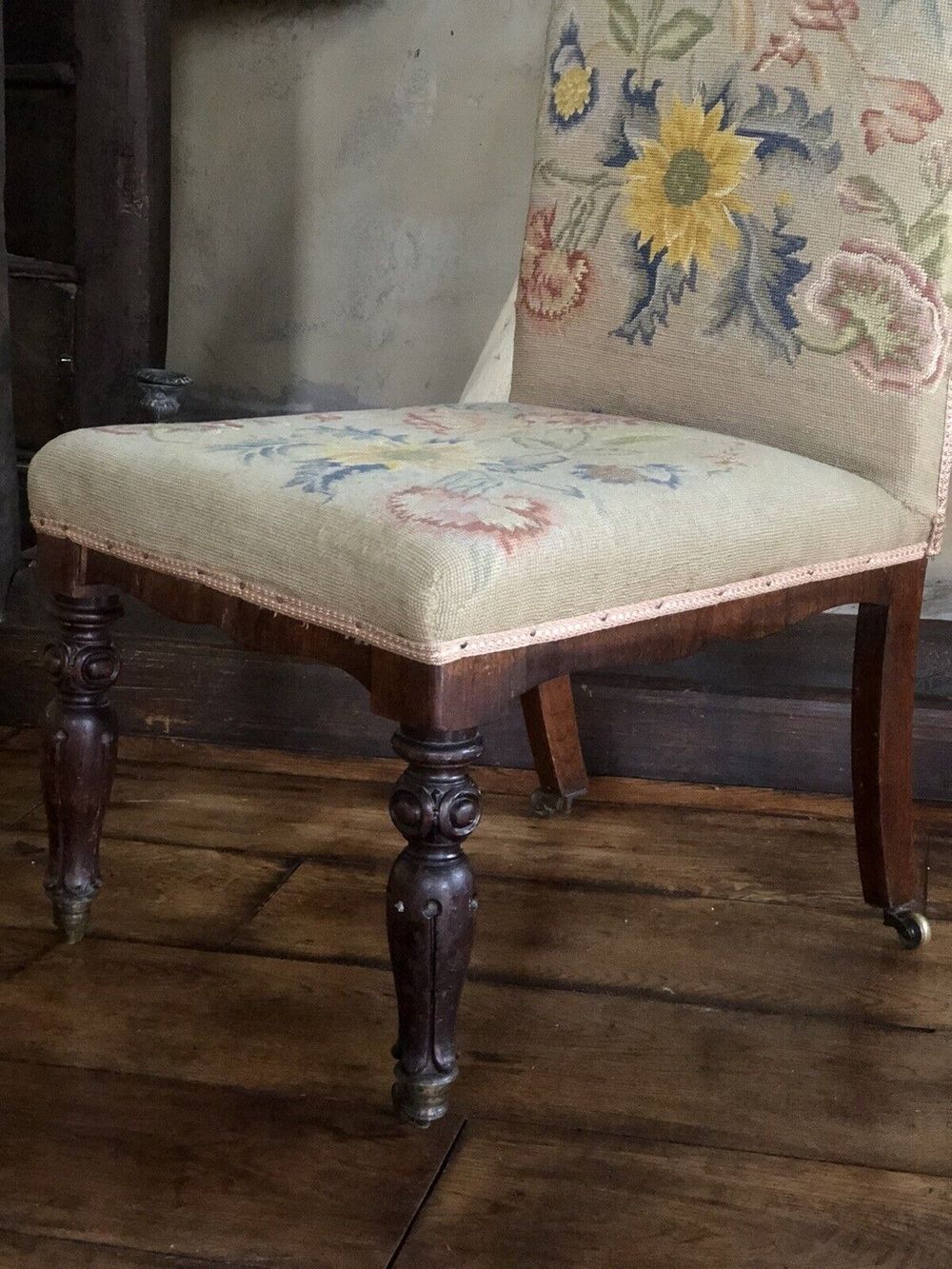Rare Gothic Orginal Pointed Arch Antique Rosewood Needlework Tapestry Floral Chair photo for sale