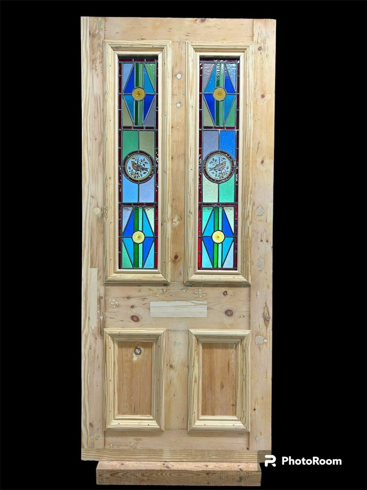 Victorian Stained Glass Front Door Antique Period Reclaimed Leaded Painted Birds photo vintage