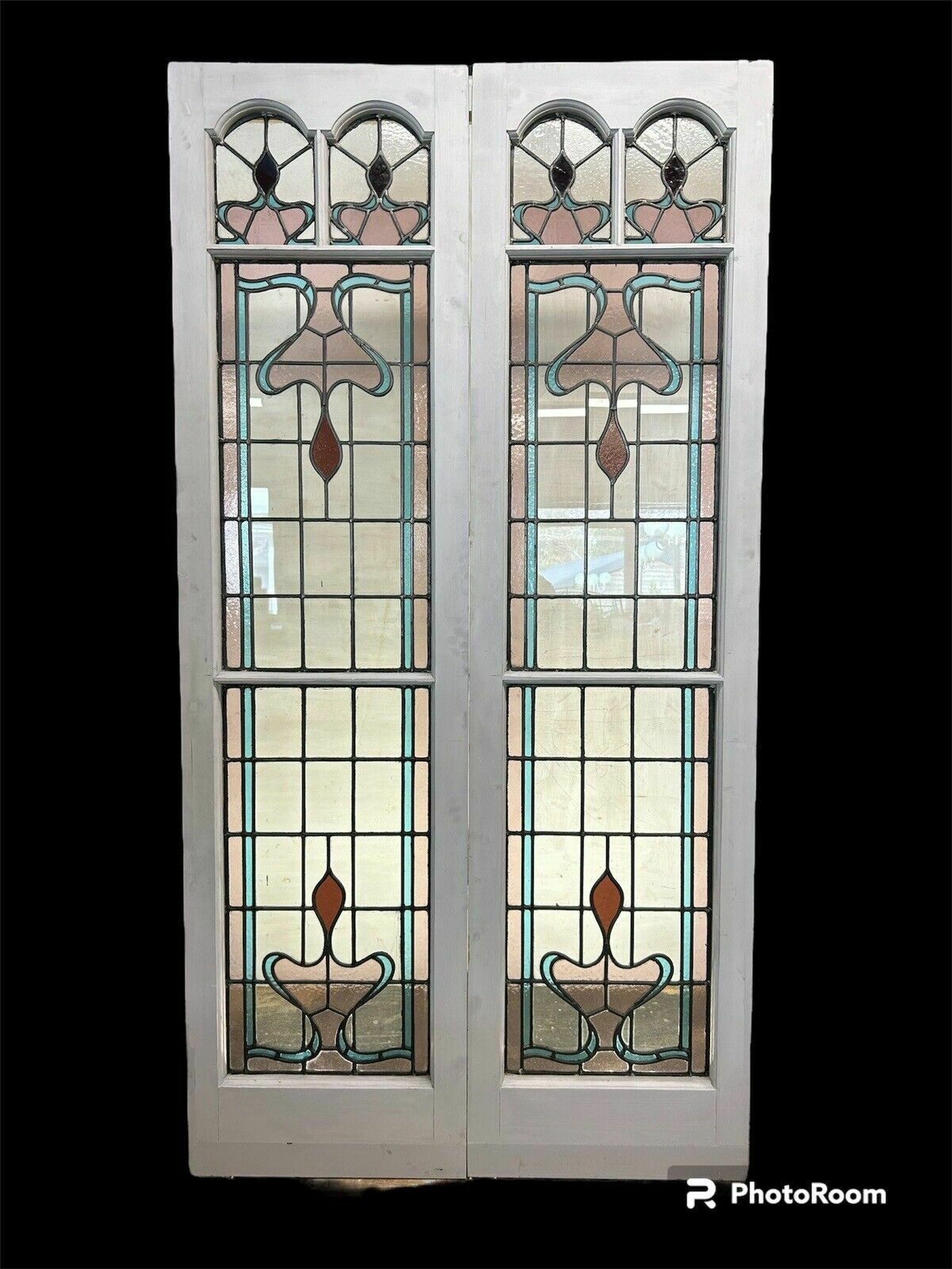 Edwardian Stained Glass Doors Antique Period Reclaimed Old French Double Leaded