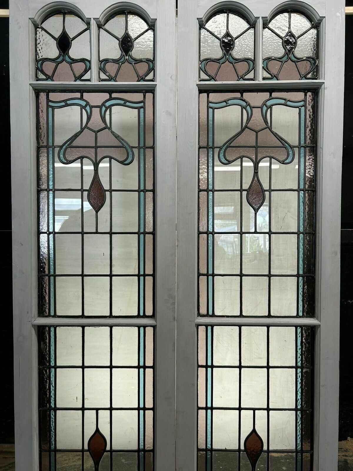 Edwardian Stained Glass Doors Antique Period Reclaimed Old French Double Leaded photo for sale