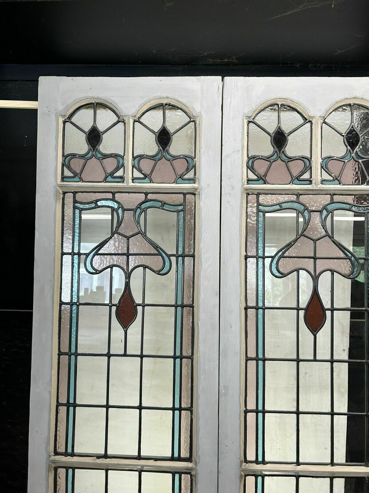 Home Fixtures Edwardian Stained Glass Doors Antique Period Reclaimed Old French Double Leaded photo