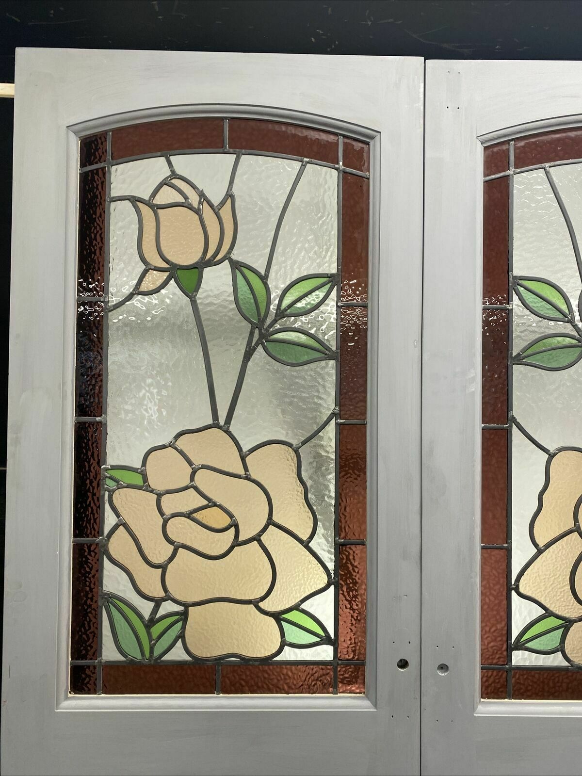 Edwardian Stained Glass French Doors Antique Period Reclaimed Old Leaded Pine photo Home Fixtures