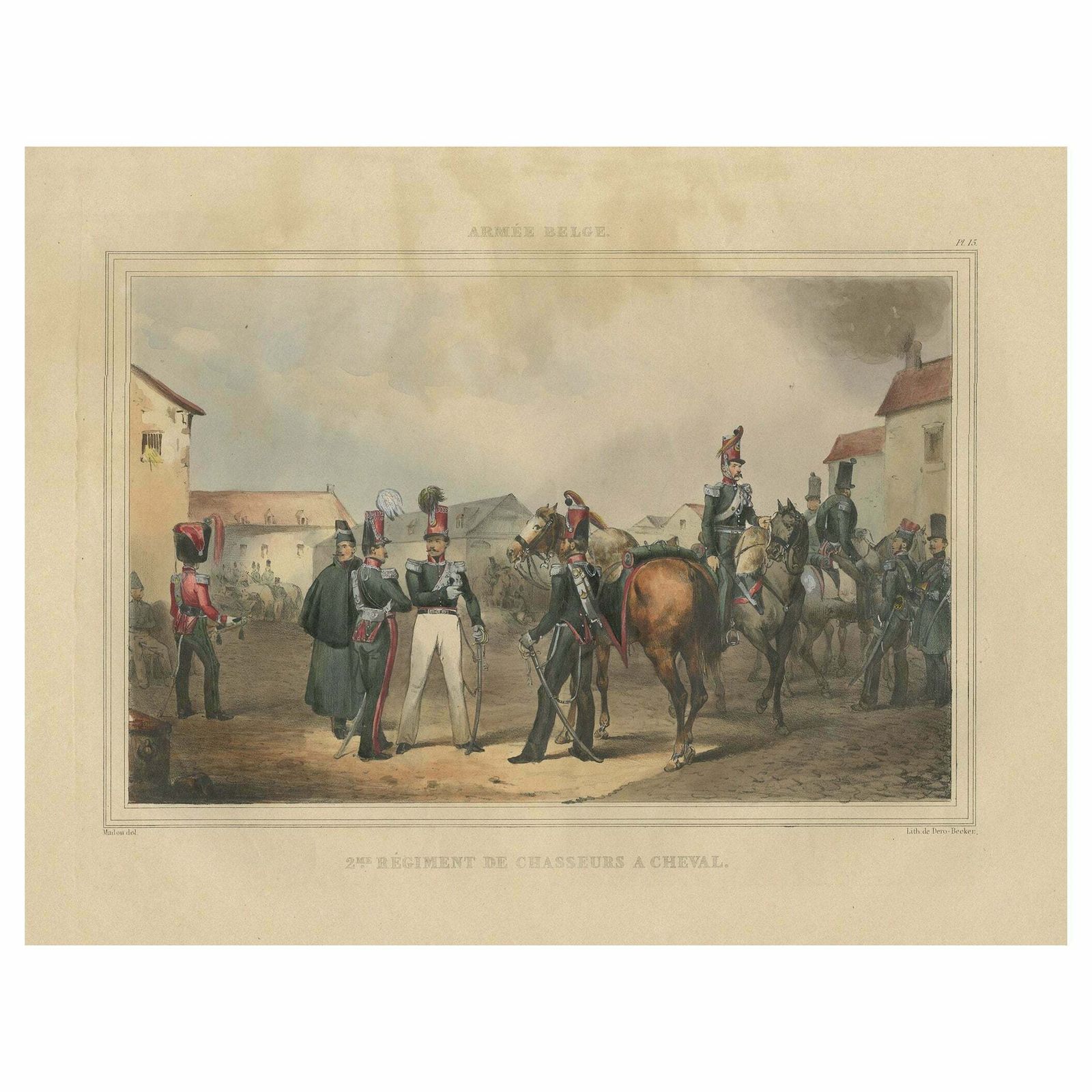 Old Handcolored Print Of A Regiment Of The Belgium Army, 1833
