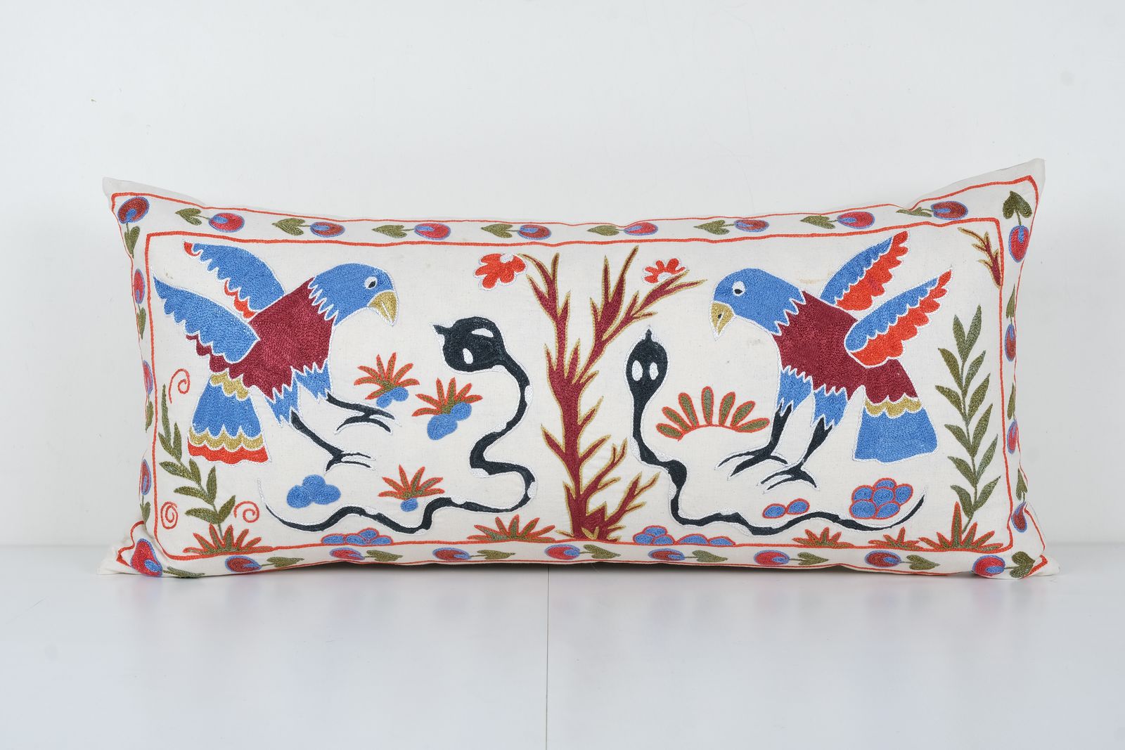 Uzbek Suzani Cover With Animal Motif, Bird Suzani Pillow Case Made From Cotton Fabric