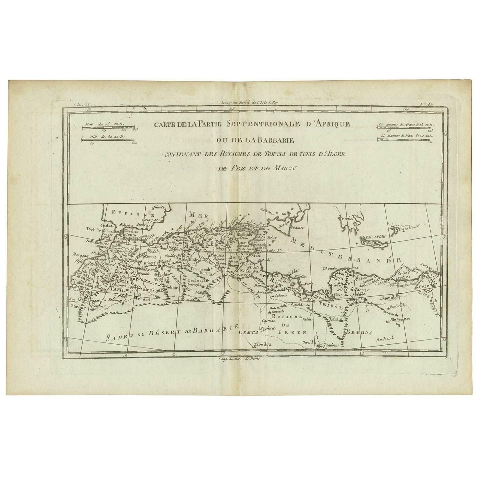 Antique Map Of Northern Africa "Barbary Coast" By R. Bonne, Circa 1780