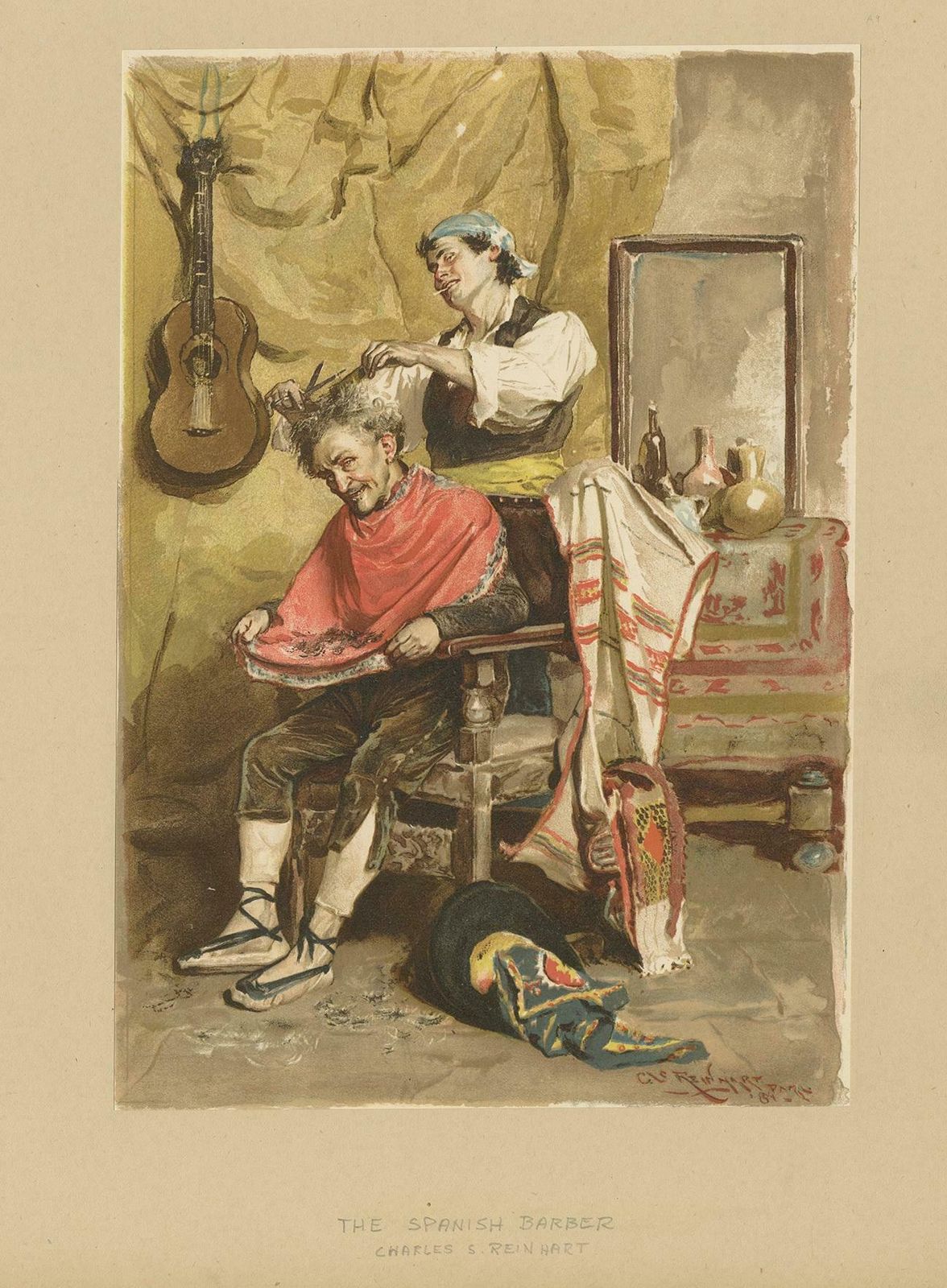Antique Print Of A Spanish Barber Made After C.S. Reinhart, Circa 1893 photo furniture