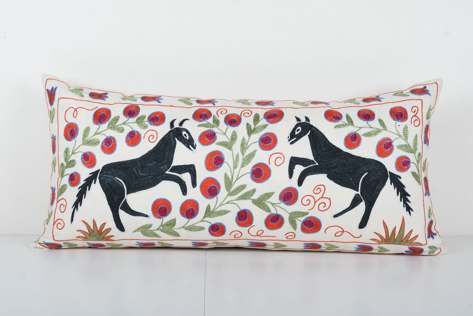Tashkent Suzani Animal Pictorial Bedding Pillow Case Made From A 19th Century Suzani, Horse Motif Cushion Cover
