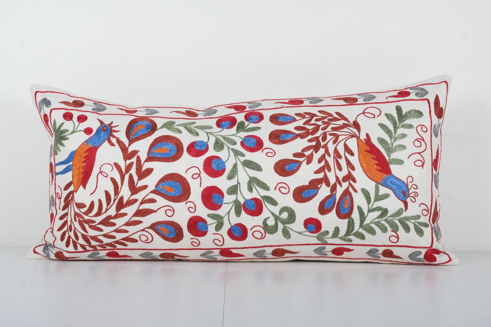 Kingsize Bird Garden Suzani Pillow Cover, Animal Embroidery Tribal Bedding Pillow Cover
