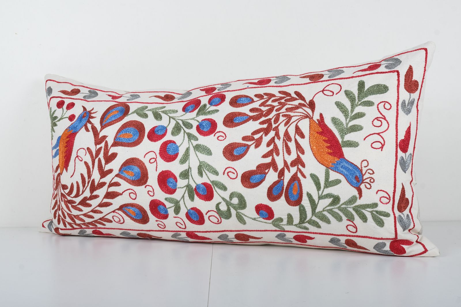 Kingsize Bird Garden Suzani Pillow Cover, Animal Embroidery Tribal Bedding Pillow Cover photo furniture
