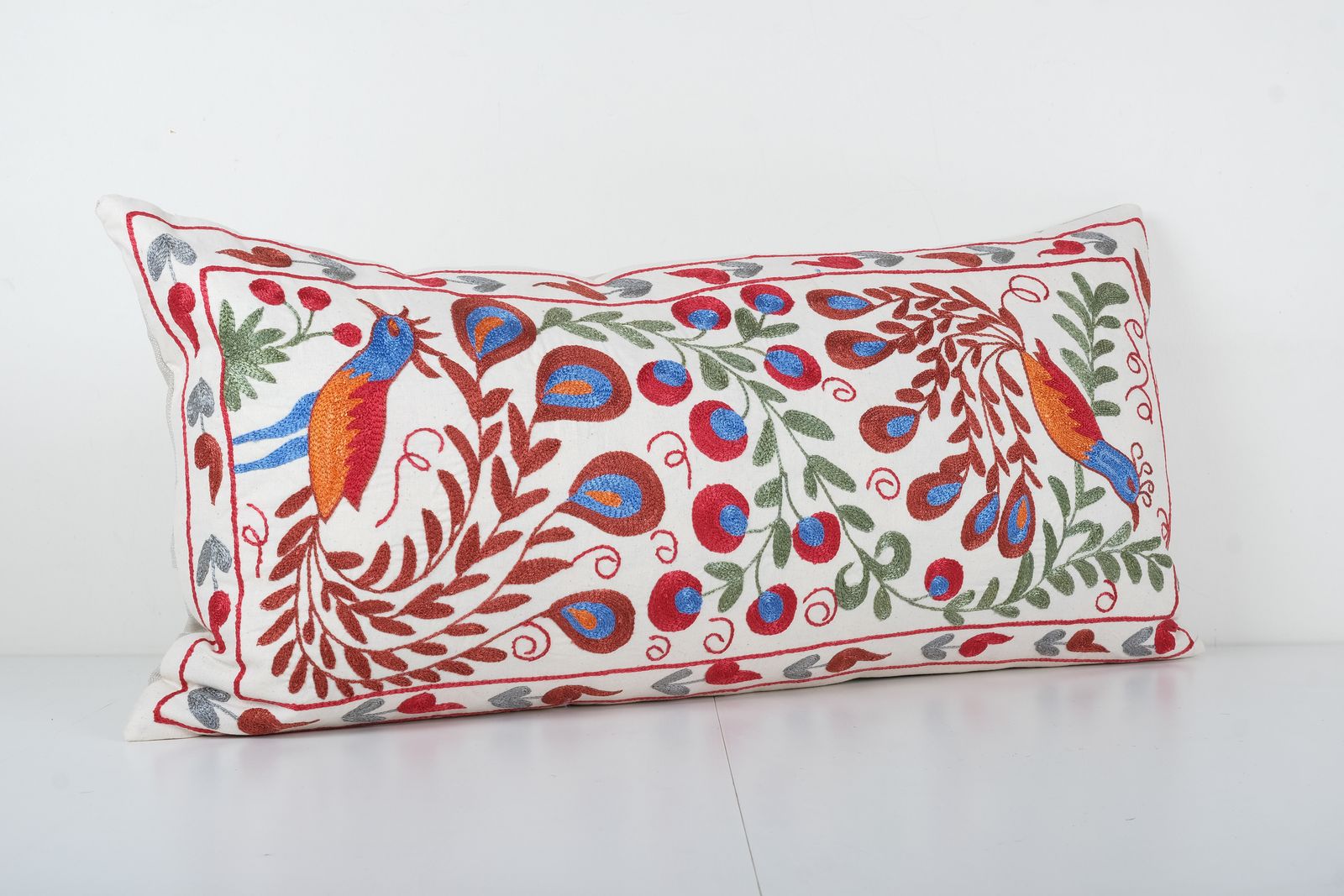 Kingsize Bird Garden Suzani Pillow Cover, Animal Embroidery Tribal Bedding Pillow Cover photo for sale