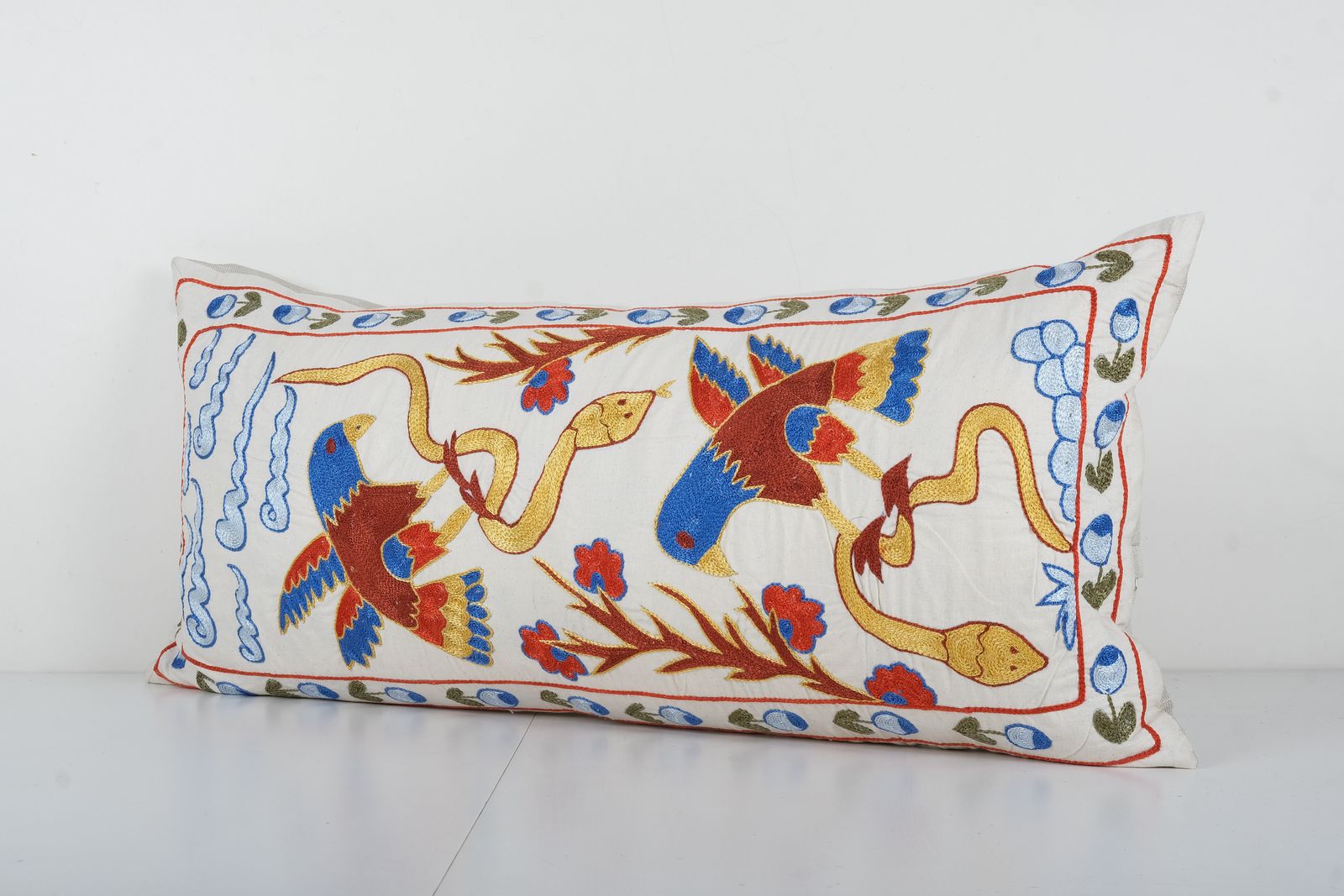 Uzbek Extra Long Colorful Snake And Bird Suzani Cover With Animal Motif, Embroidery Designer Long Pillow Case photo 105.0