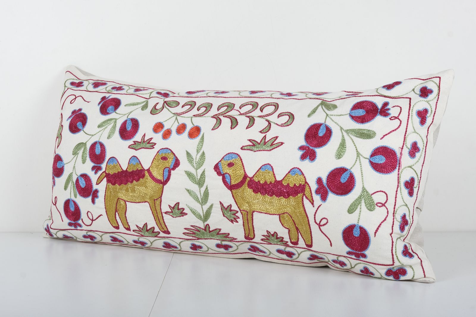 Kingsize Camel Pictorial Suzani Pillow Cover, Animal Embroidery Tribal Bedding Cushion Case