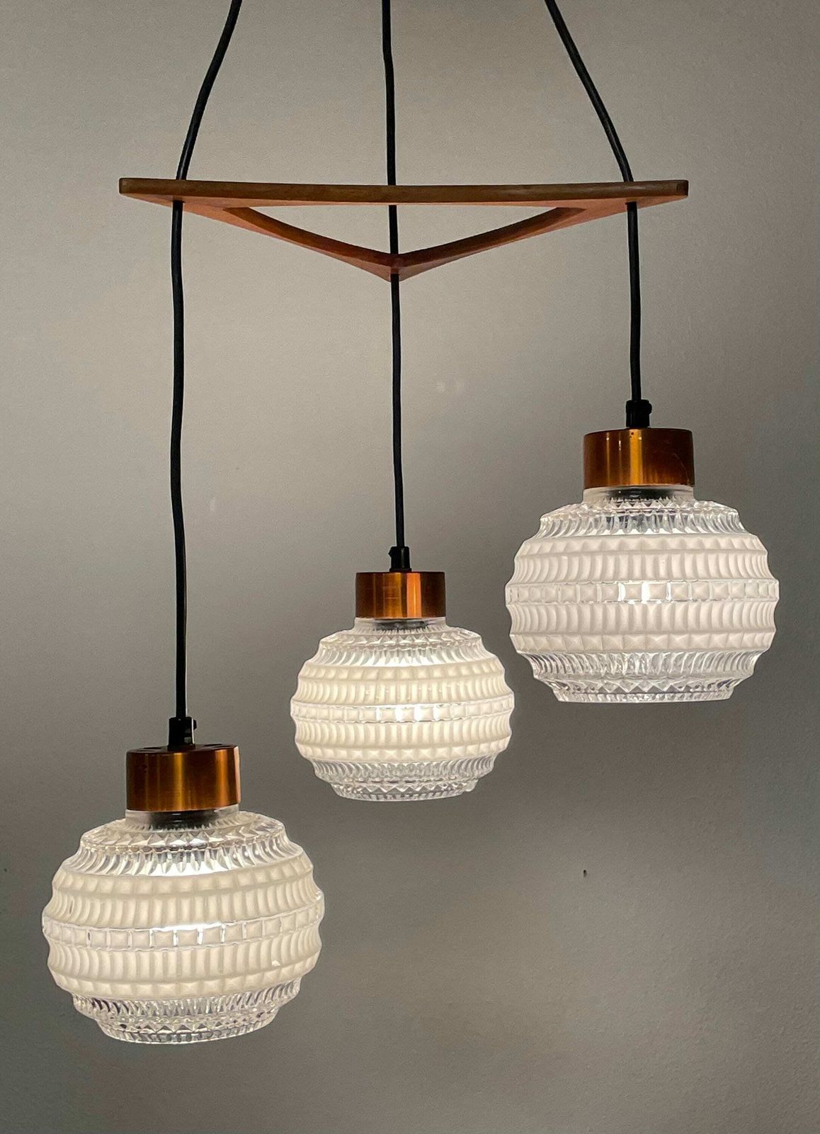 Danish Mid Century Modern Exclusive Vintage Tripple Glass And Wood Ceiling Lamp With Elegant Details And Gorgeous Design photo furniture