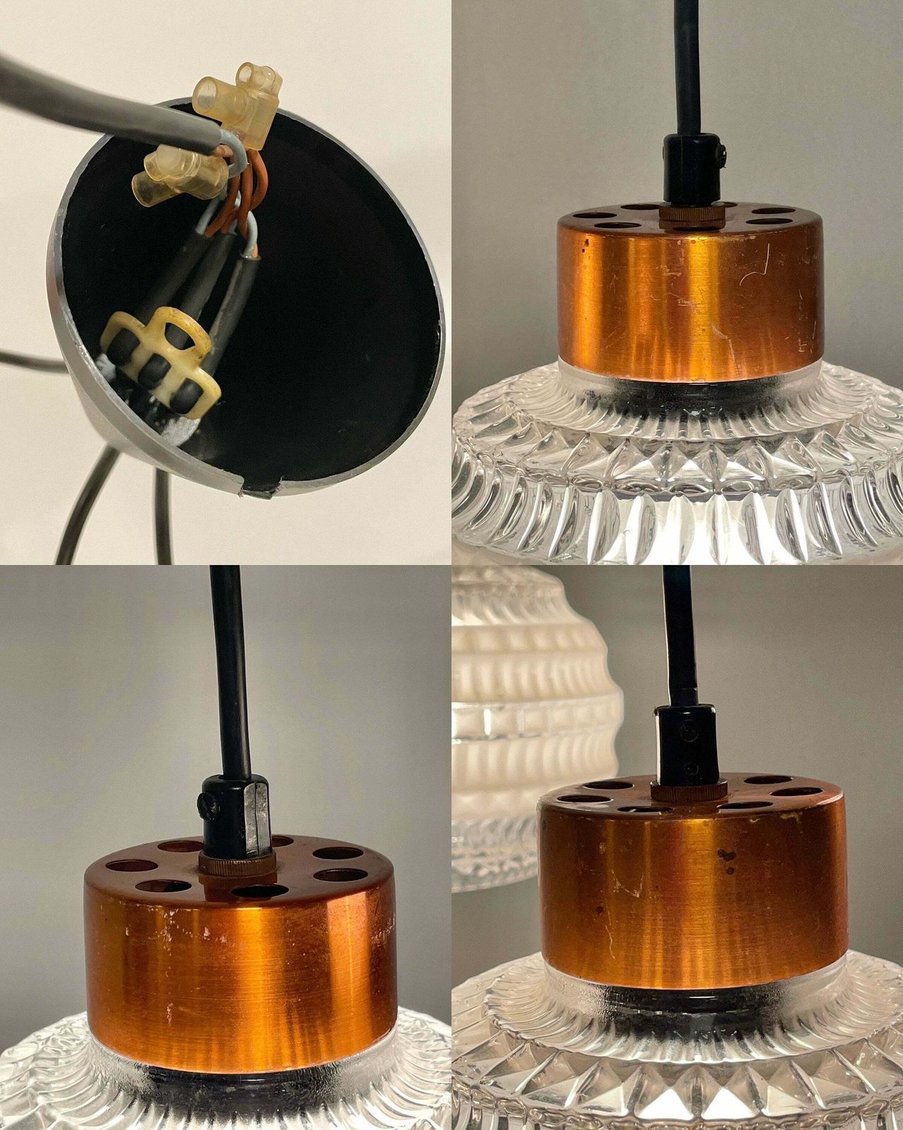 photo for sale Danish Mid Century Modern Exclusive Vintage Tripple Glass And Wood Ceiling Lamp With Elegant Details And Gorgeous Design