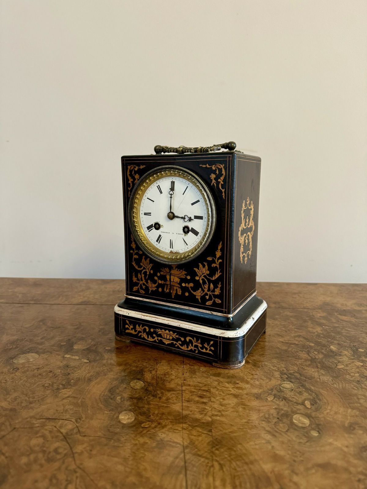 photo furniture Fine Quality Antique 19th Century Marquetry Inlaid Mantle Clock By Thomas A Paris