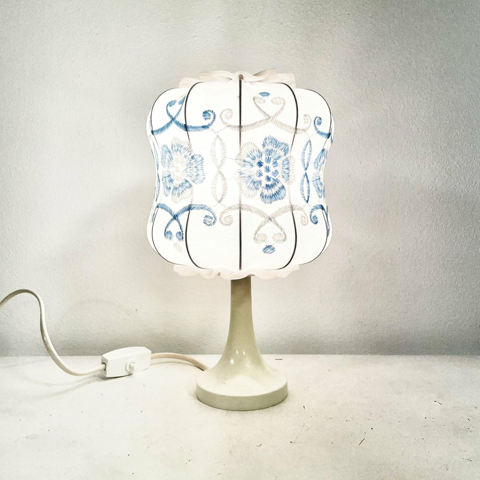 Cute German 1970s Mid Century White Plastic Table Lamp With Embroidery On Fabric Shade And Lace Details   Design By Aro Leuchte