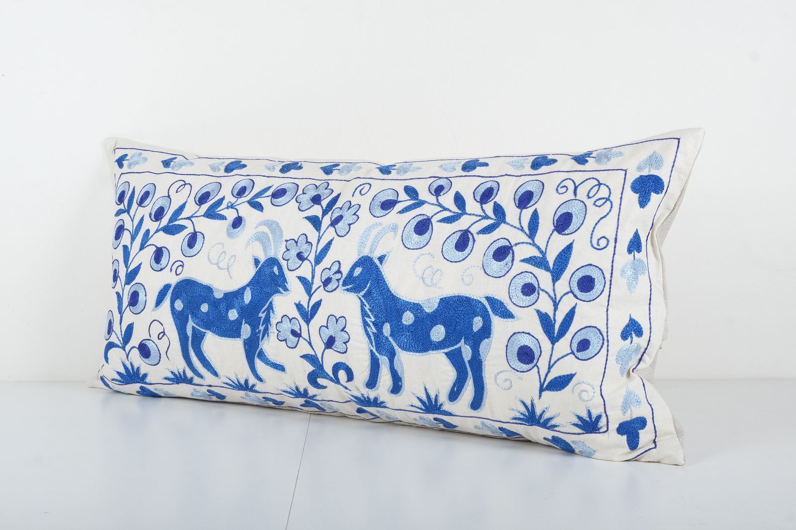 19th Century Suzani Cushion Cover   Authentic Uzbekistan Bedding With Animal Motifs   Ethnic Lumbar Pillow photo Textiles