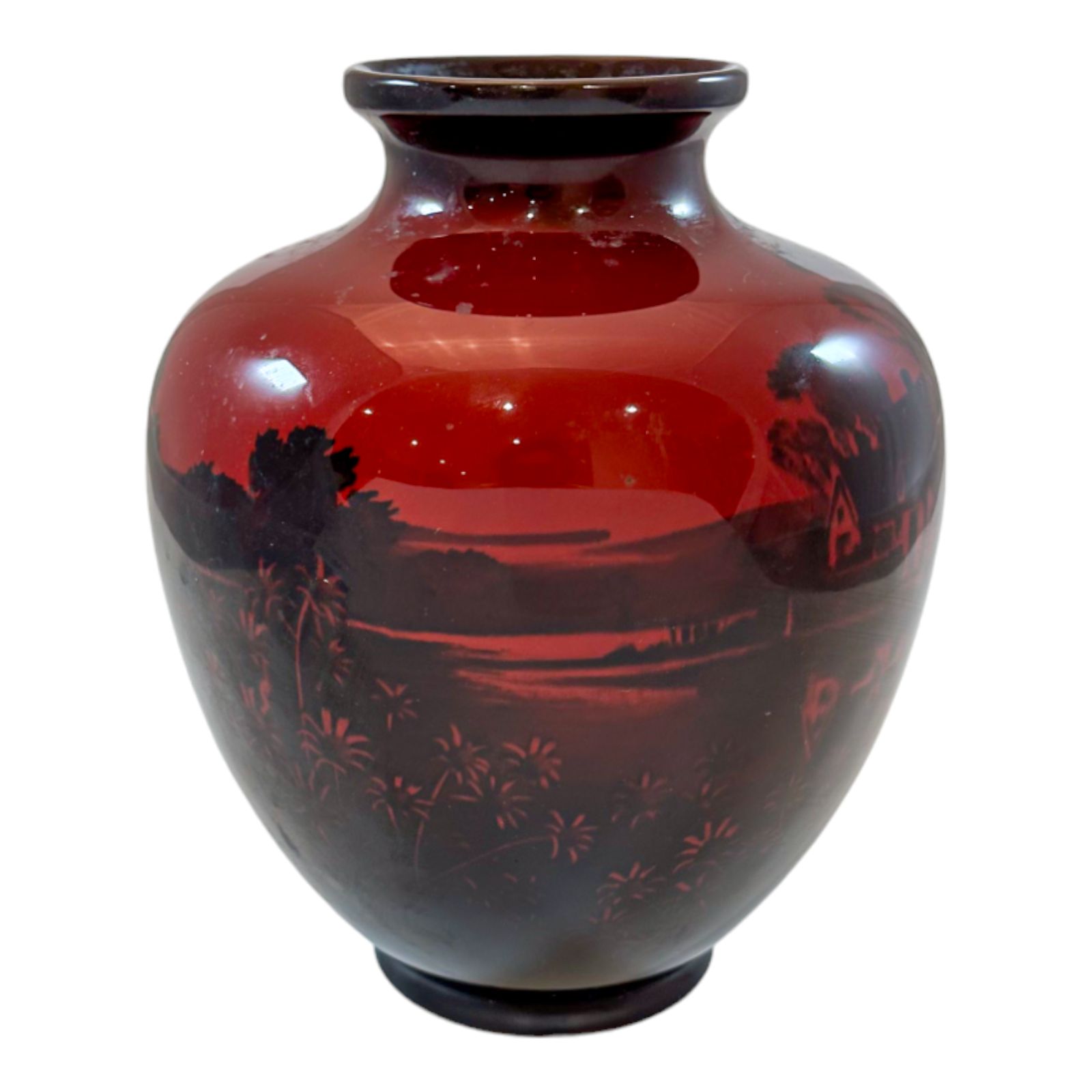 photo for sale Art Deco Pair Red Flambe Folk Porcelain Urns Vases, Charles Noke, Royal Doulton