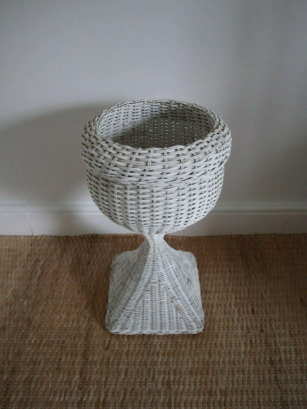 White Wicker Pedestal Plant Stand photo vinterior