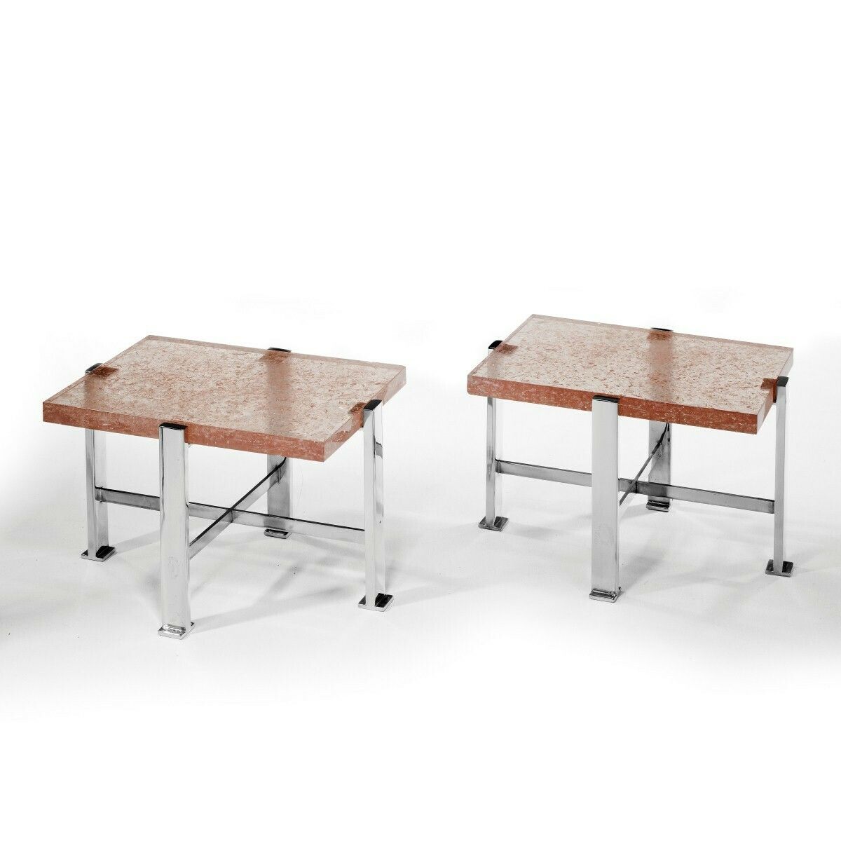 Pair Of Mid Century Chromed Metal And Resin Side Tables Attributed To Pierre Giraudon.