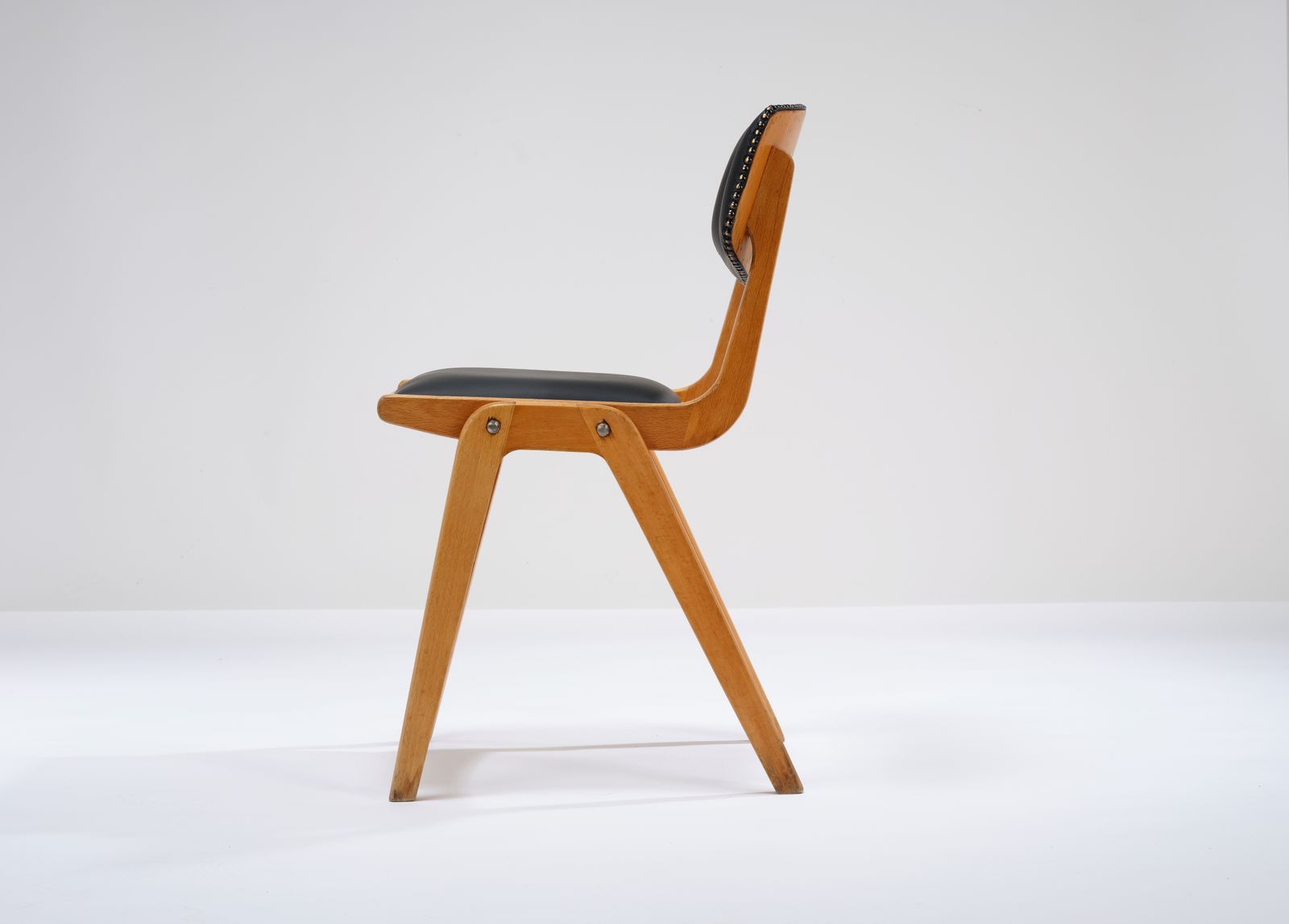 Vintage Stackable Beech 'Ben Cafe Chair' Reupholstered In Soft Expresso Leather With Stud Detailing, Circa 1960's, 8 Available. photo Furniture