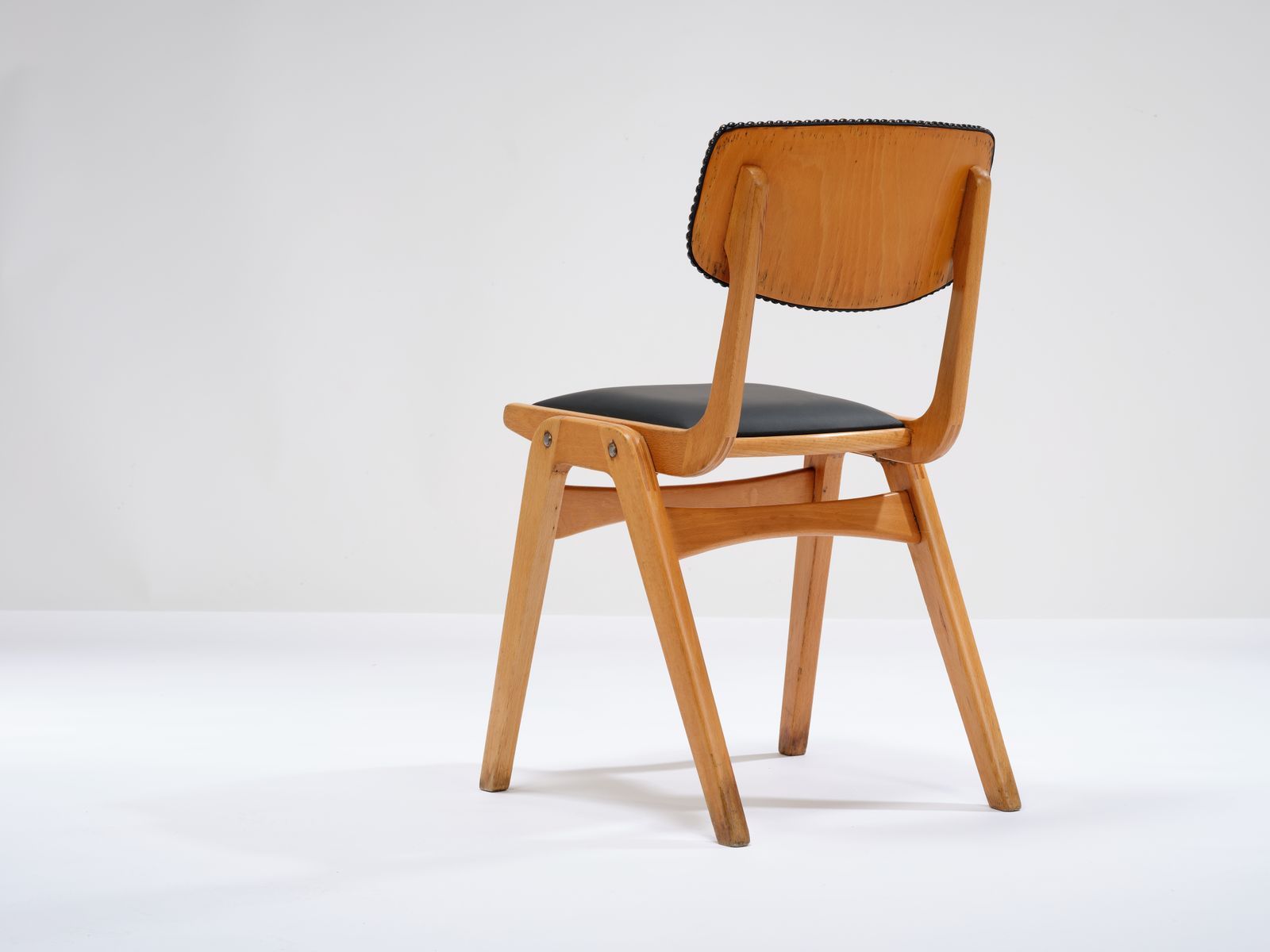 Vintage Stackable Beech 'Ben Cafe Chair' Reupholstered In Soft Expresso Leather With Stud Detailing, Circa 1960's, 8 Available. photo 375.0
