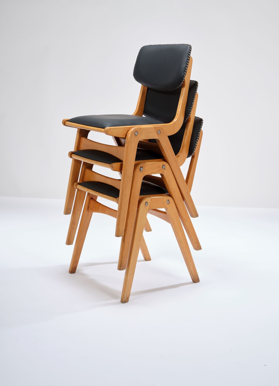 Vintage Stackable Beech 'Ben Cafe Chair' Reupholstered In Soft Expresso Leather With Stud Detailing, Circa 1960's, 8 Available.